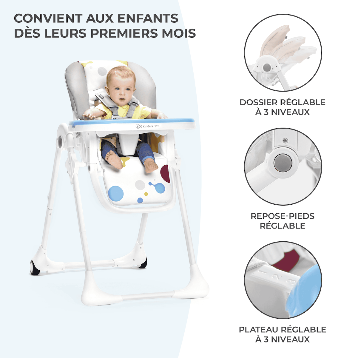 KINDERKRAFT Chaise haute bebe reglable pliante plateau amovib