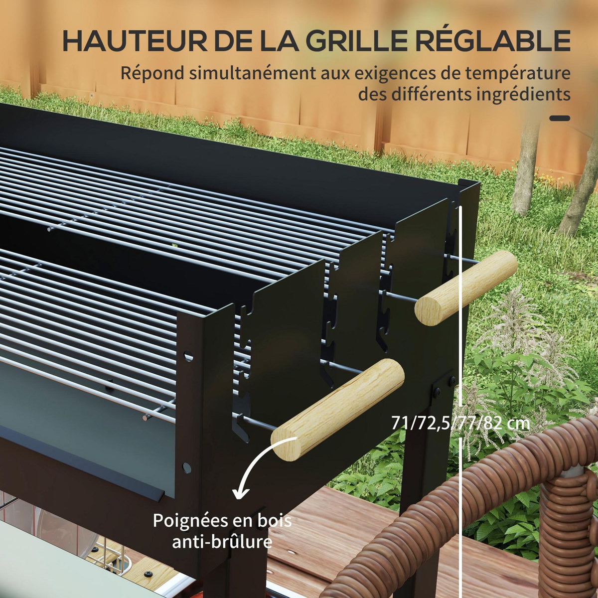 OUTSUNNY Barbecue à charbon sur pied double grille réglable 2 roues 2 étagères noir
