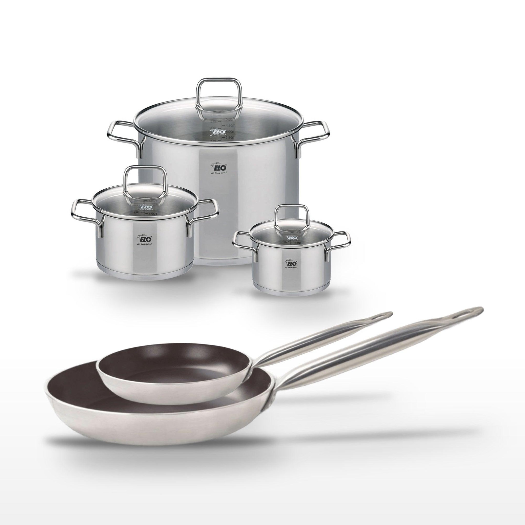 ELO Lot poêles 24/32 cm avec revêtement céramique sans pfas et faitouts 16/20/26 cm elo bistro line citrin