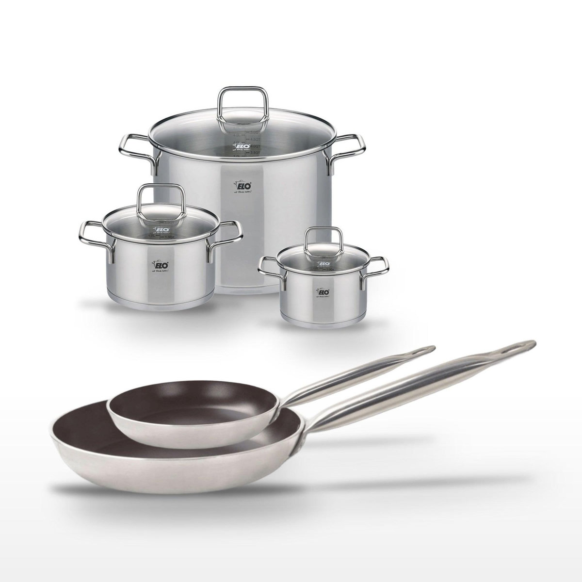 ELO Lot Poêles 24/32 cm avec revêtement céramique sans PFAS et Faitouts 16/20/26 cm Elo Bistro Line Citrin