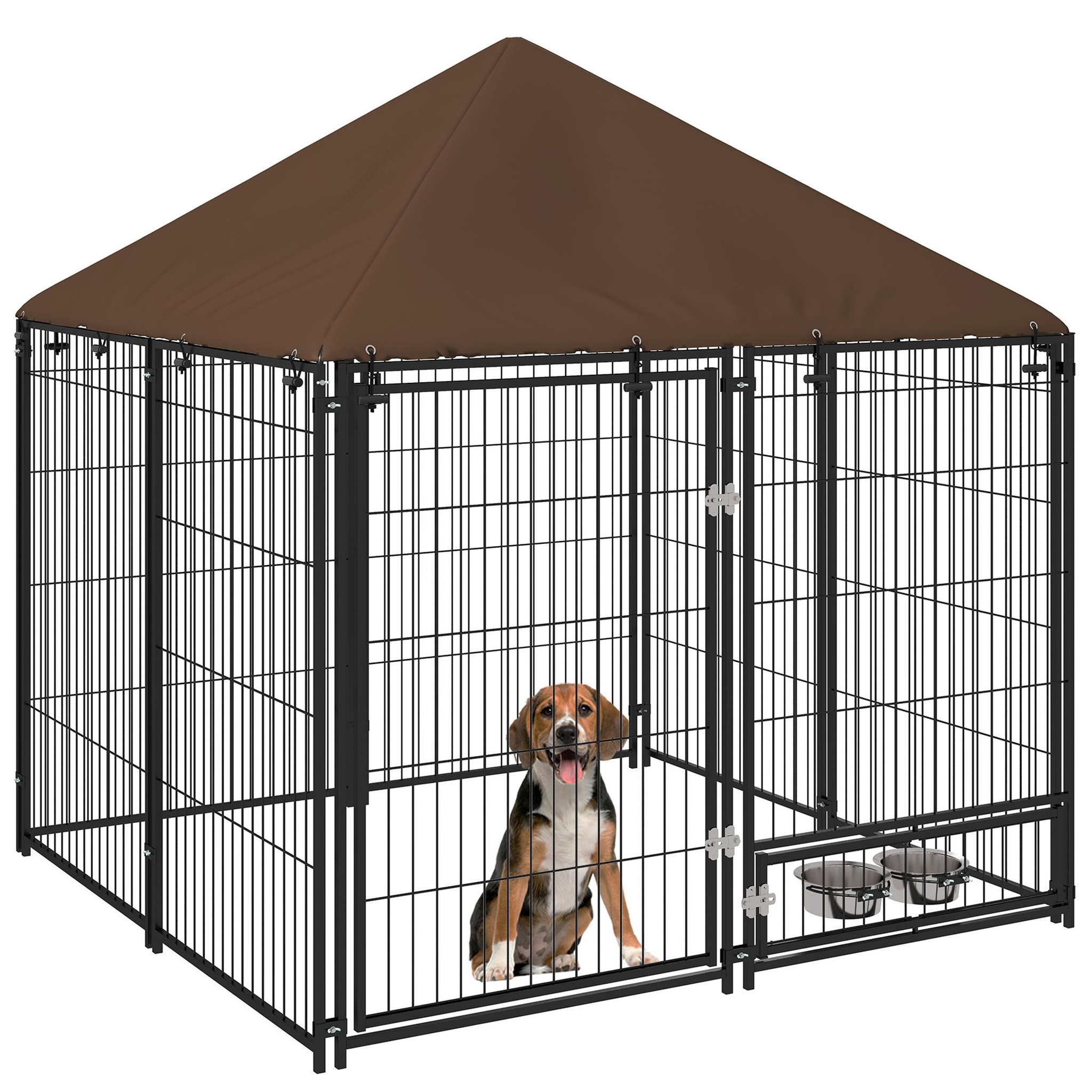 PAWHUT Chenil extérieur pour chiens en métal et tissu oxford avec support gamelle et toit résistant aux intempéries espace spacieux 141l x 141l x 151h cm noir