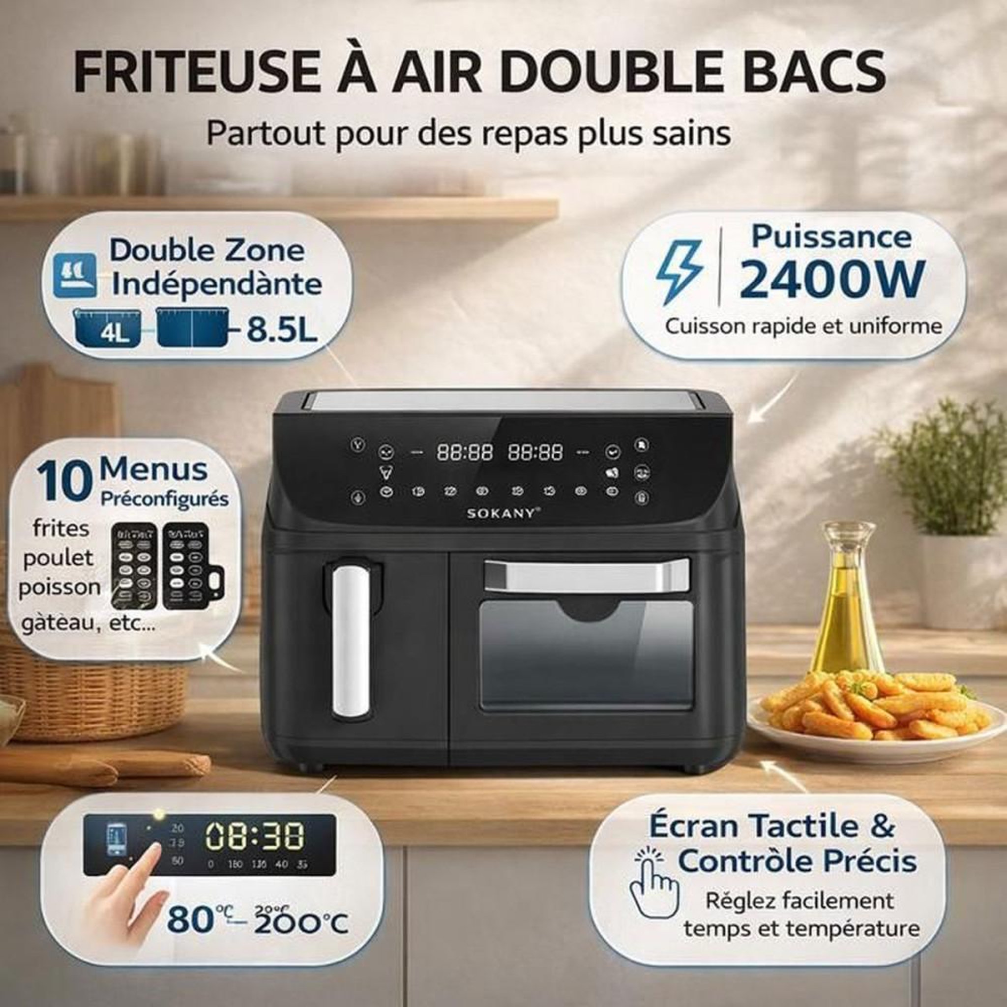 Voir la diapositive 2 : Friteuse double cuve sans huile à écran tactile 12,5L 2400W 80–200°C 10 programmes