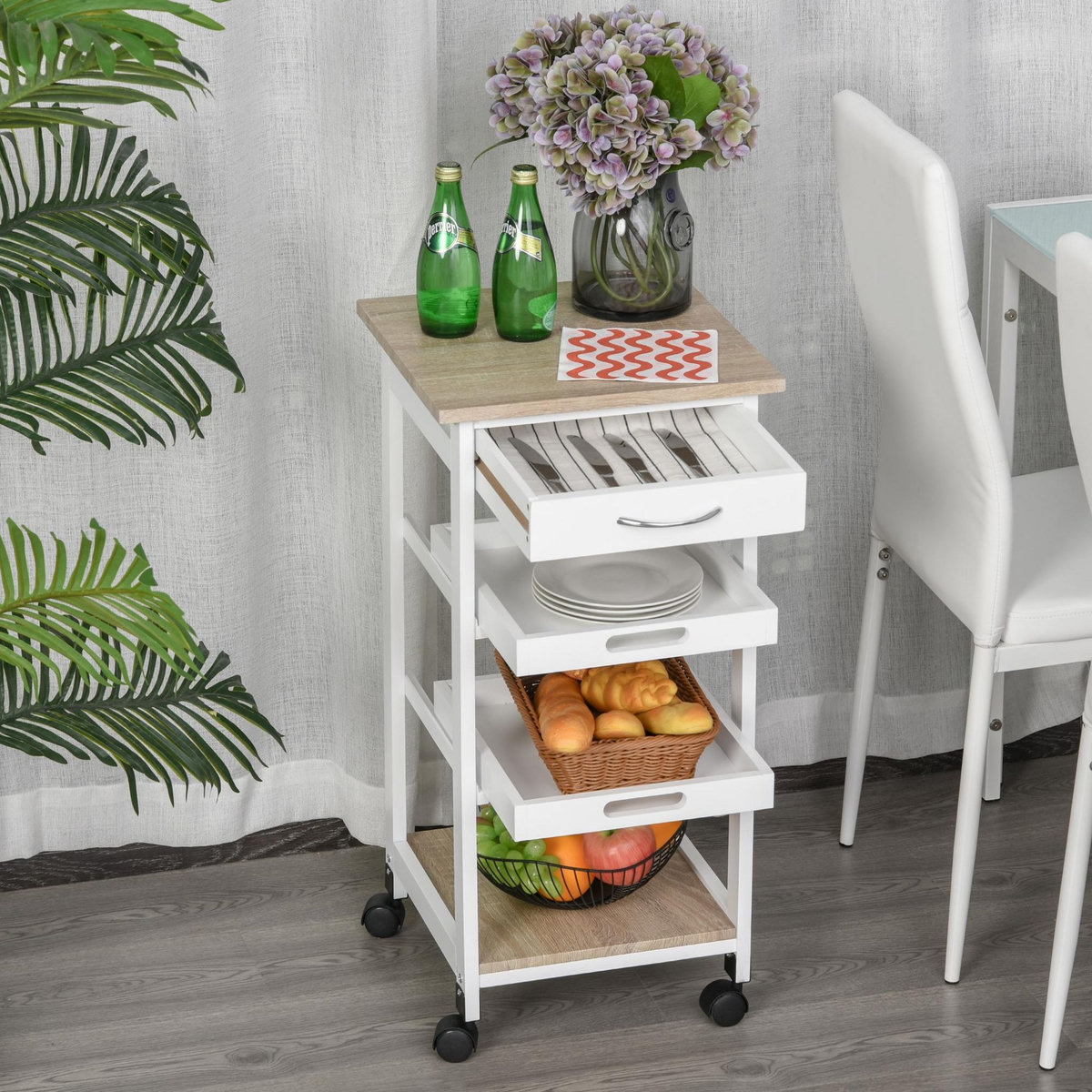 HOMCOM Chariot de service desserte de cuisine à roulettes 2 plateaux amovibles, tiroir, étagère MDF chêne clair bois pin