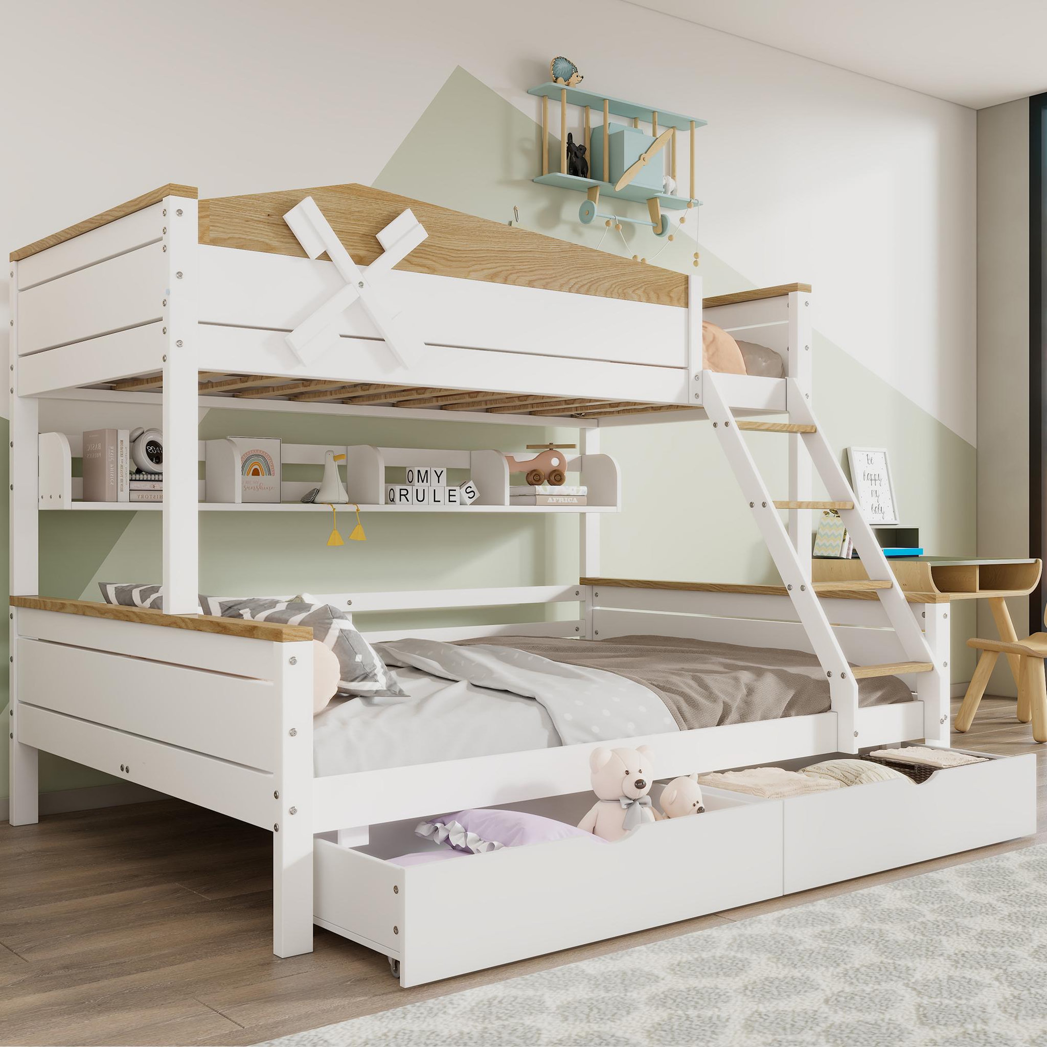 Voir la diapositive 4 : MERAX Lit superposé 140x200(90x200)cm coloris blanc+naturel pin