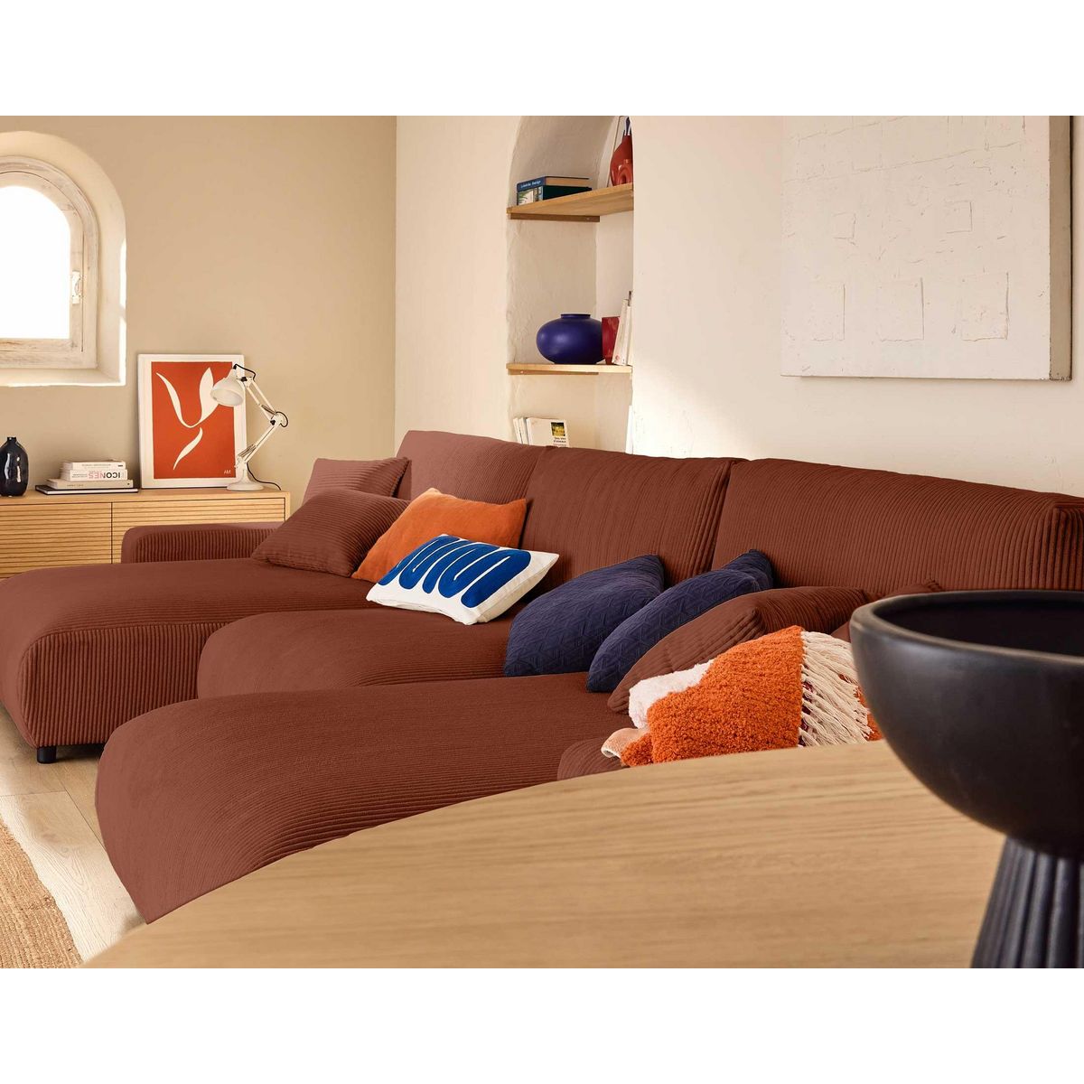 LISA DESIGN Pivoine - canapé panoramique en u - 7 places - convertible avec coffre - en velours côtelé