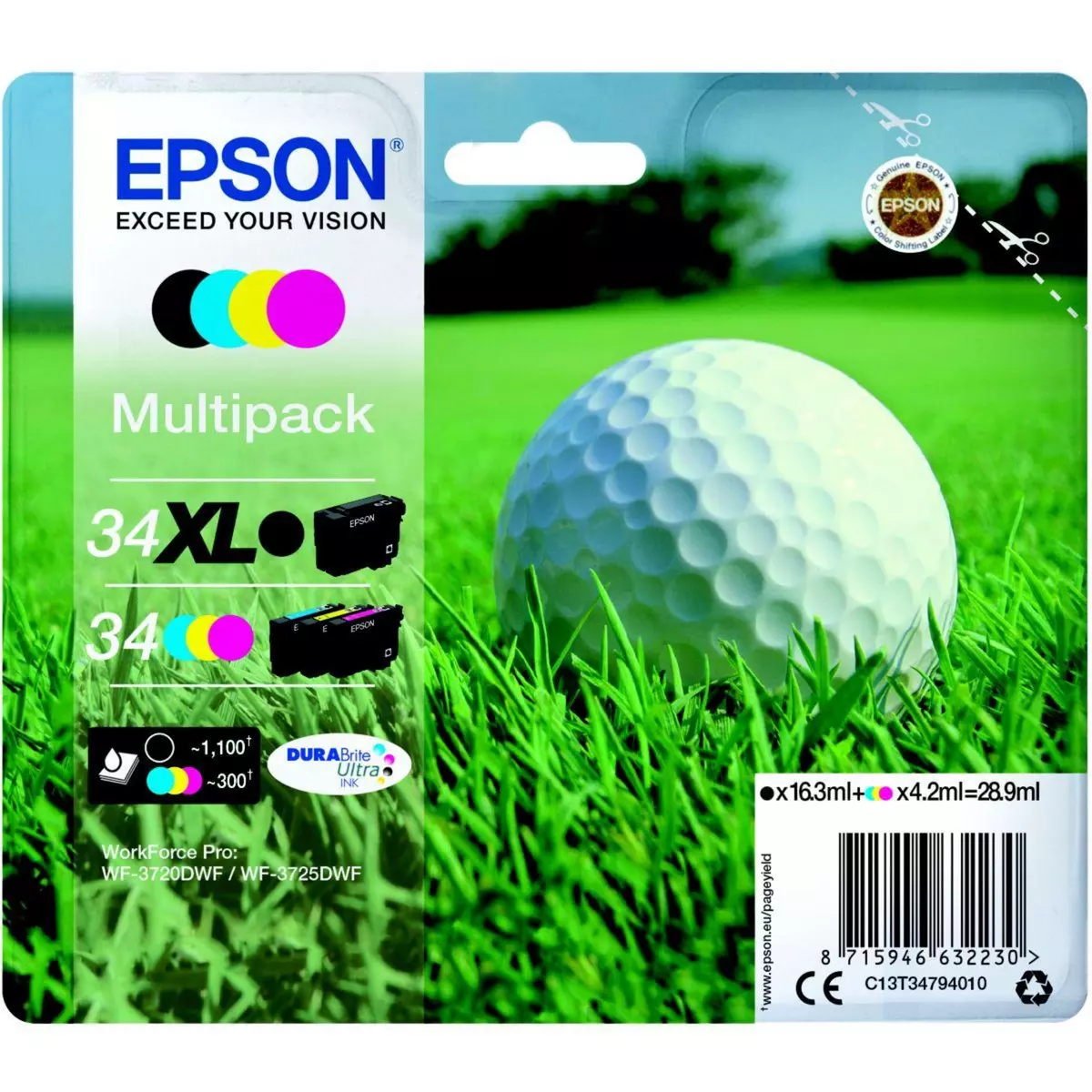 Epson Cartouche d'encre T3479 Noir XL+C/M/J Série Balle de golf