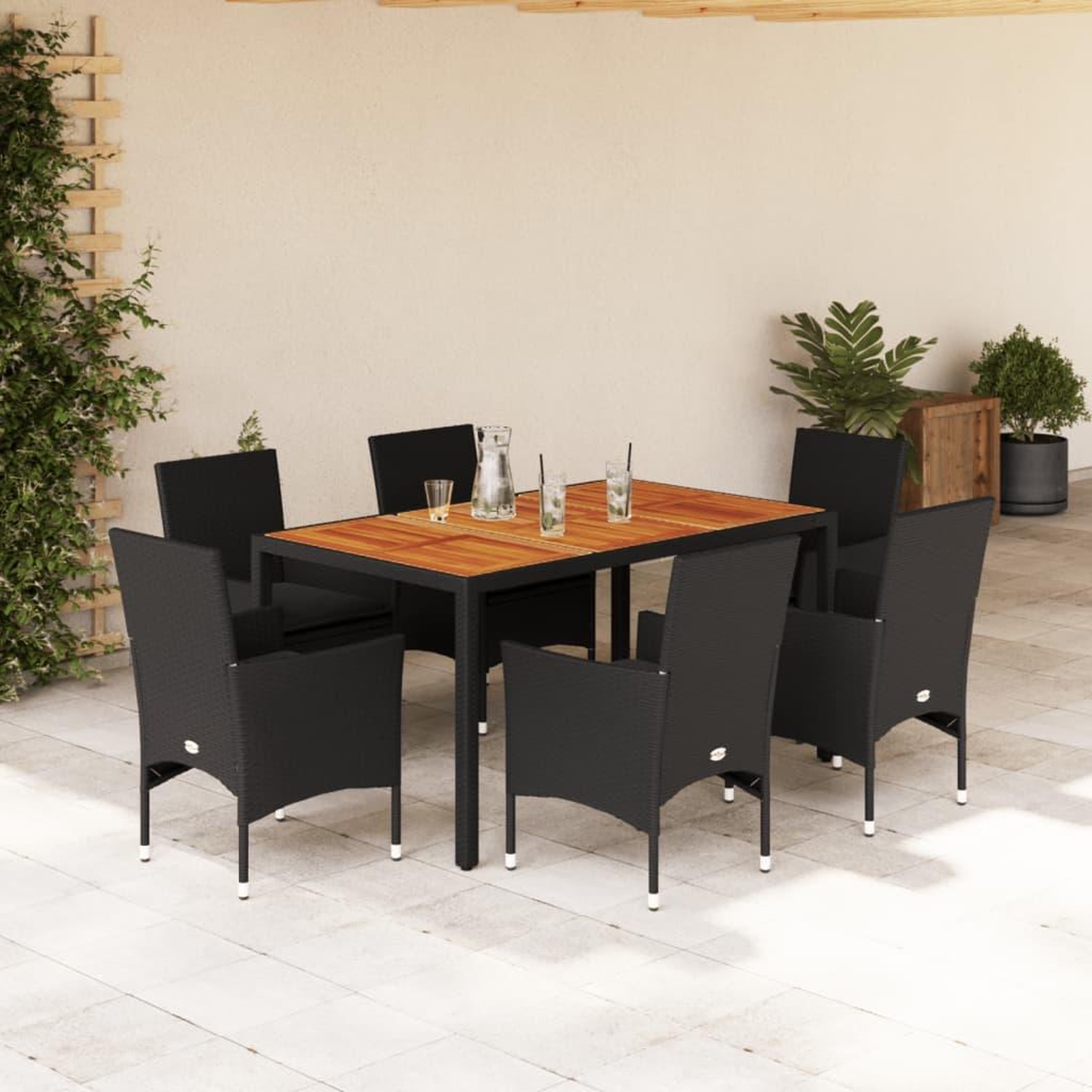 VIDAXL Ensemble a manger de jardin et coussins 7pcs noir rotin acacia