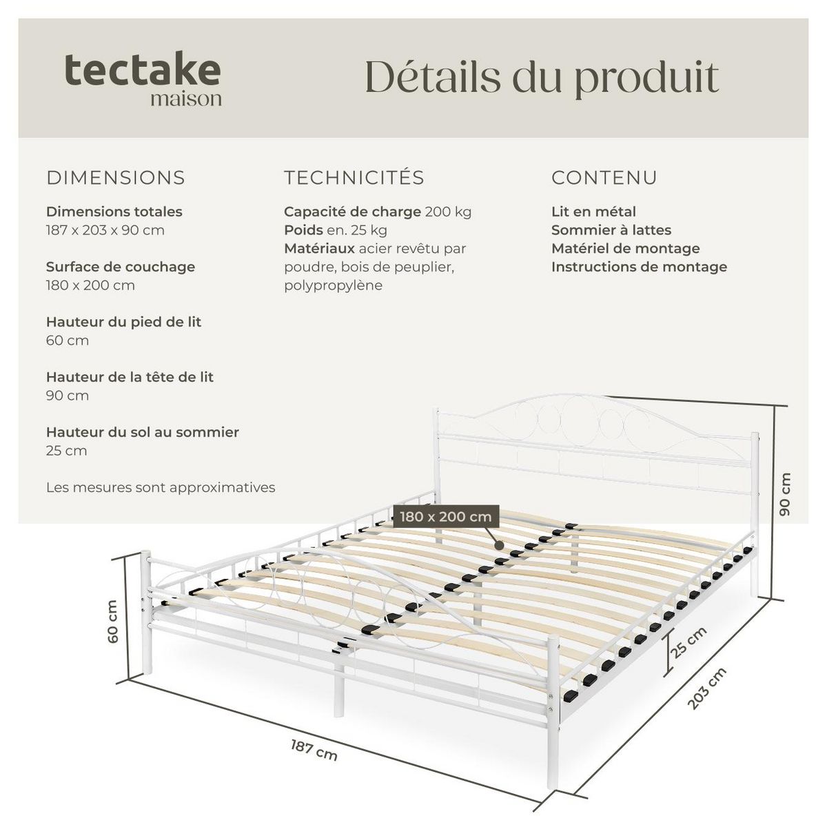 tectake Lit design moderne avec sommier avec Cadre en Acier solide blanc/blanc