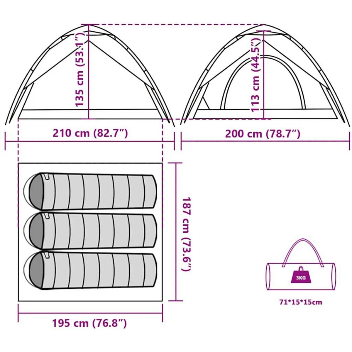 VIDAXL Tente de camping a dome 3 personnes liberation rapide
