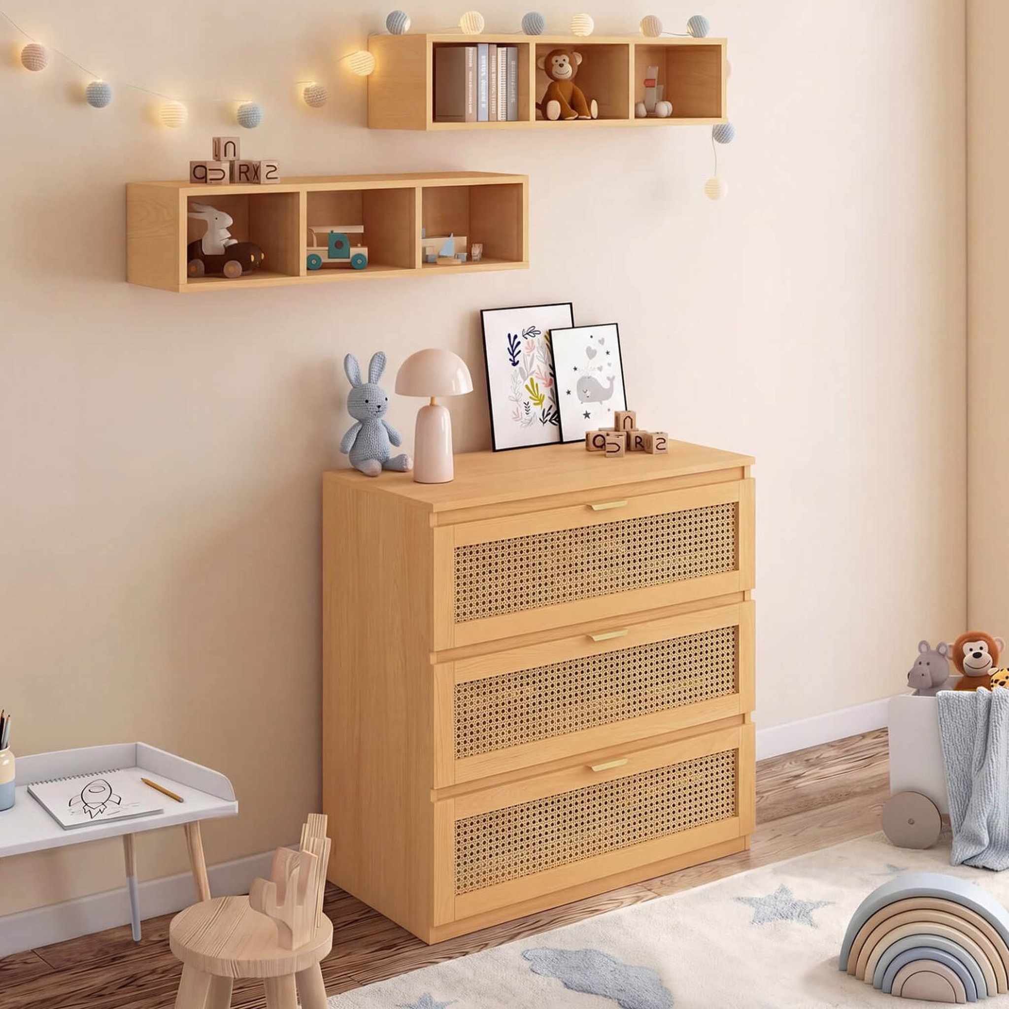 Voir la diapositive 3 : ID MARKET Commode à langer évolutive edhen bois et cannage 3 tiroirs, table à langer et 2 étagères amovibles