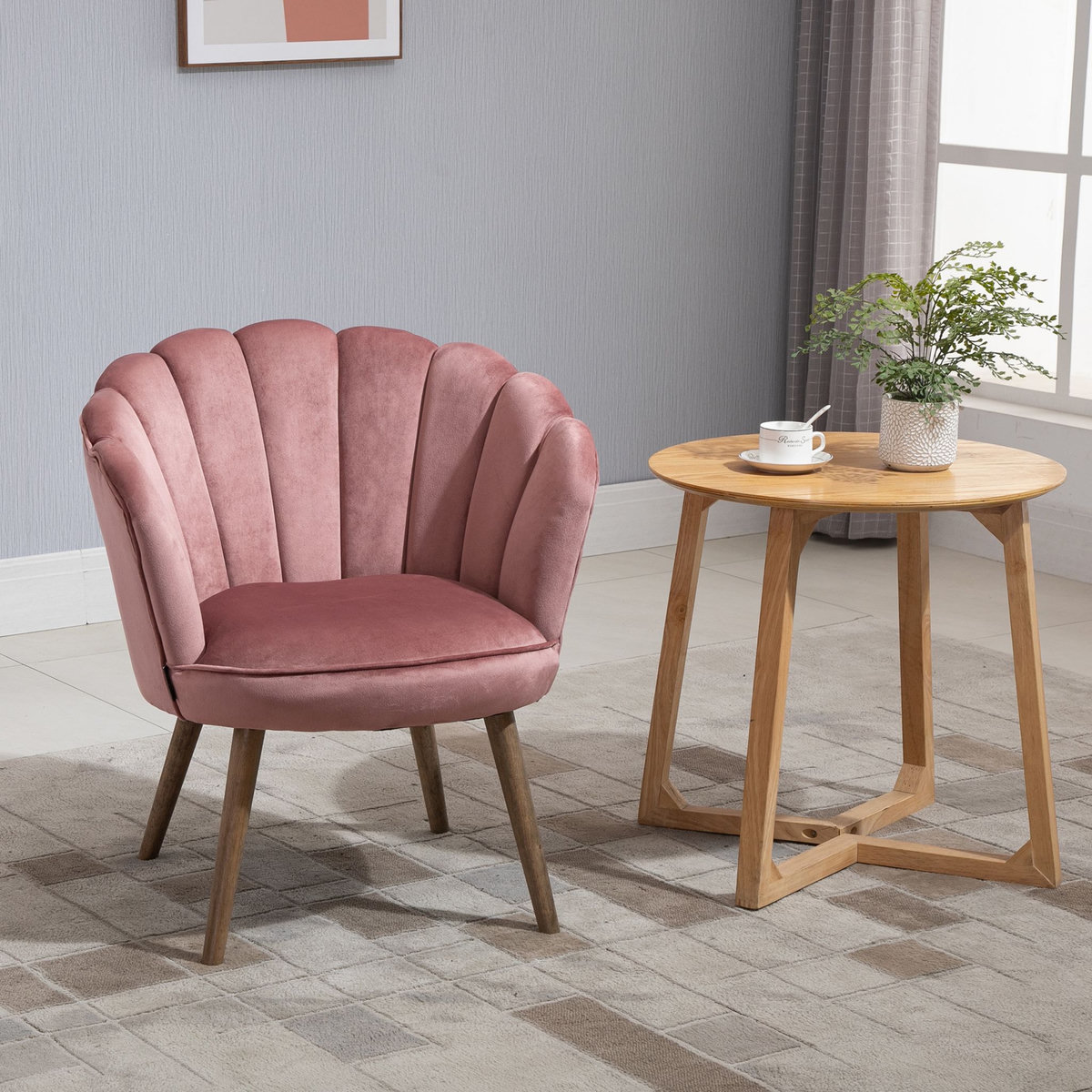 HOMCOM Fauteuil design coquillage piètement effilé bois d'hévéa dossier enveloppant strié aspect velours rose poudré