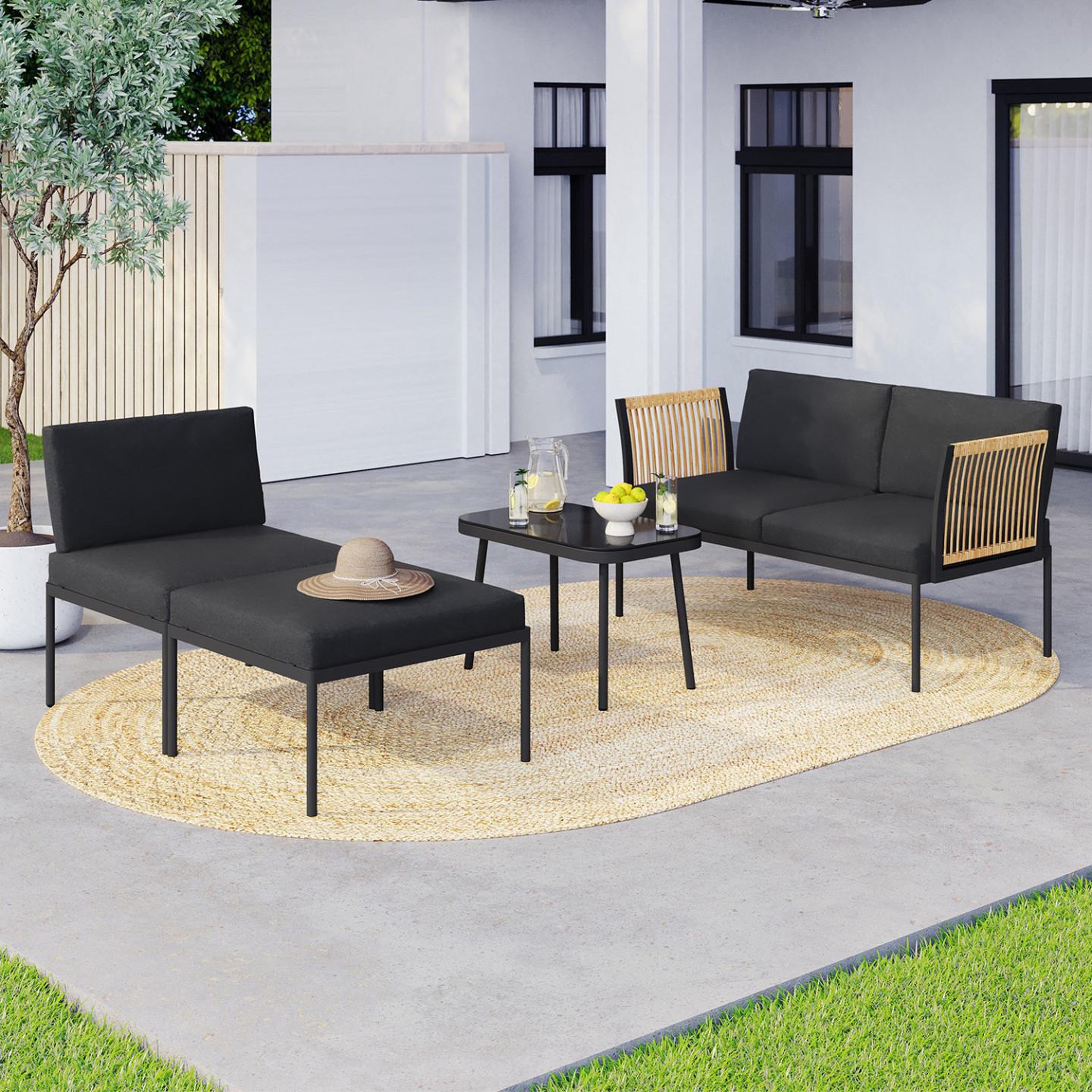 Voir la diapositive 3 : ID MARKET Salon de jardin bas rio 4 places modulable structure métal noir, cordage effet rotin clair avec coussins noirs