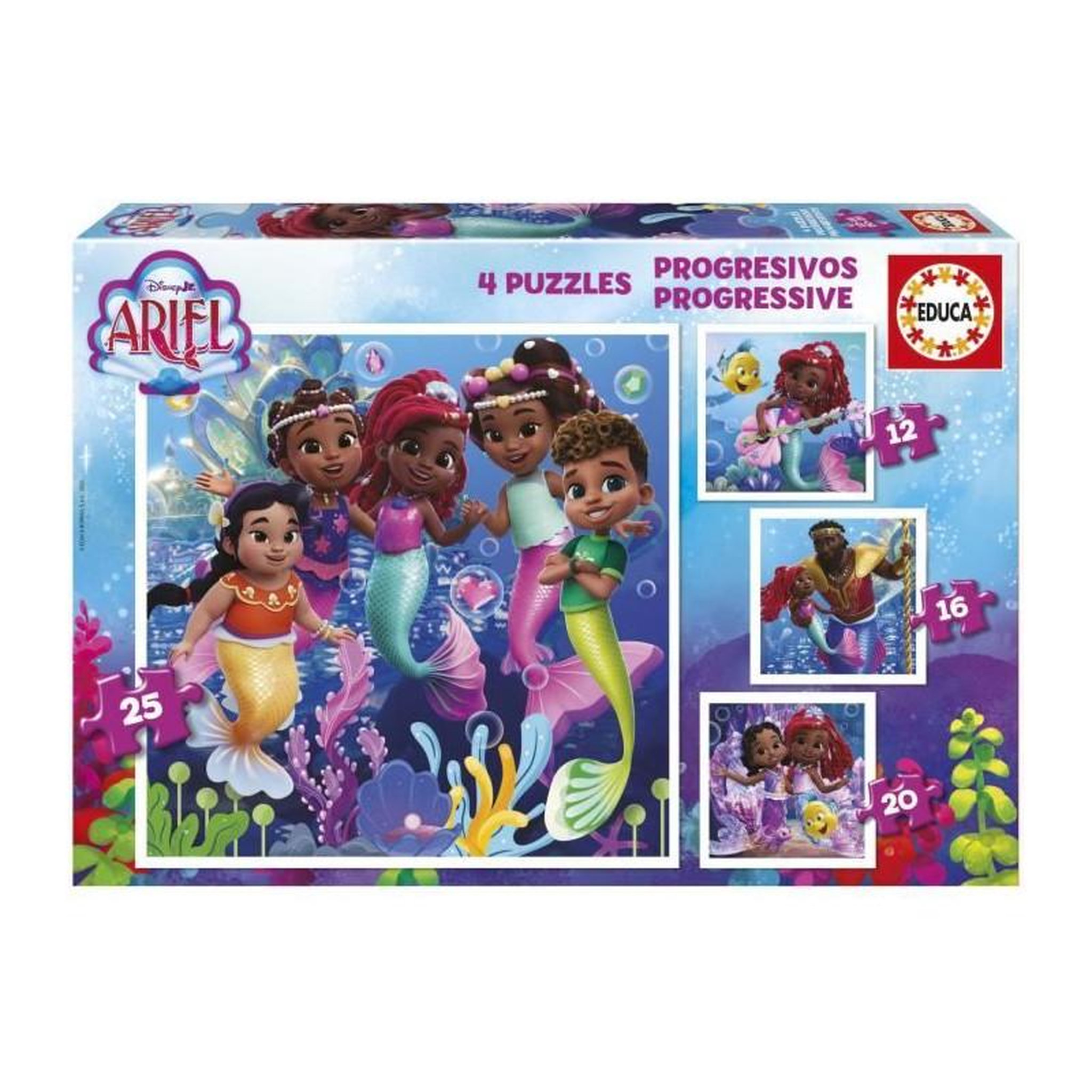 EDUCA Puzzles progressifs enfant Ariel – 4 puzzles de 12 à 25 pièces – Apprentissage évolutif – Dès 3 ans – Ariel – Educa