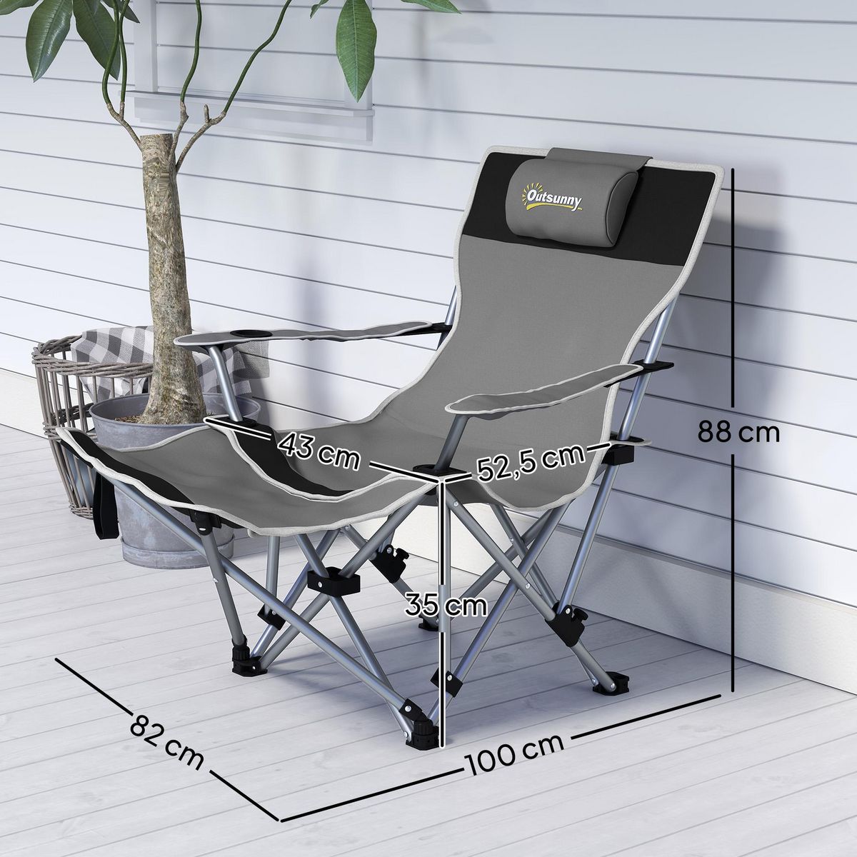 OUTSUNNY Chaise de camping pliante - repose-pied amovible, rangements - sac transport - gris