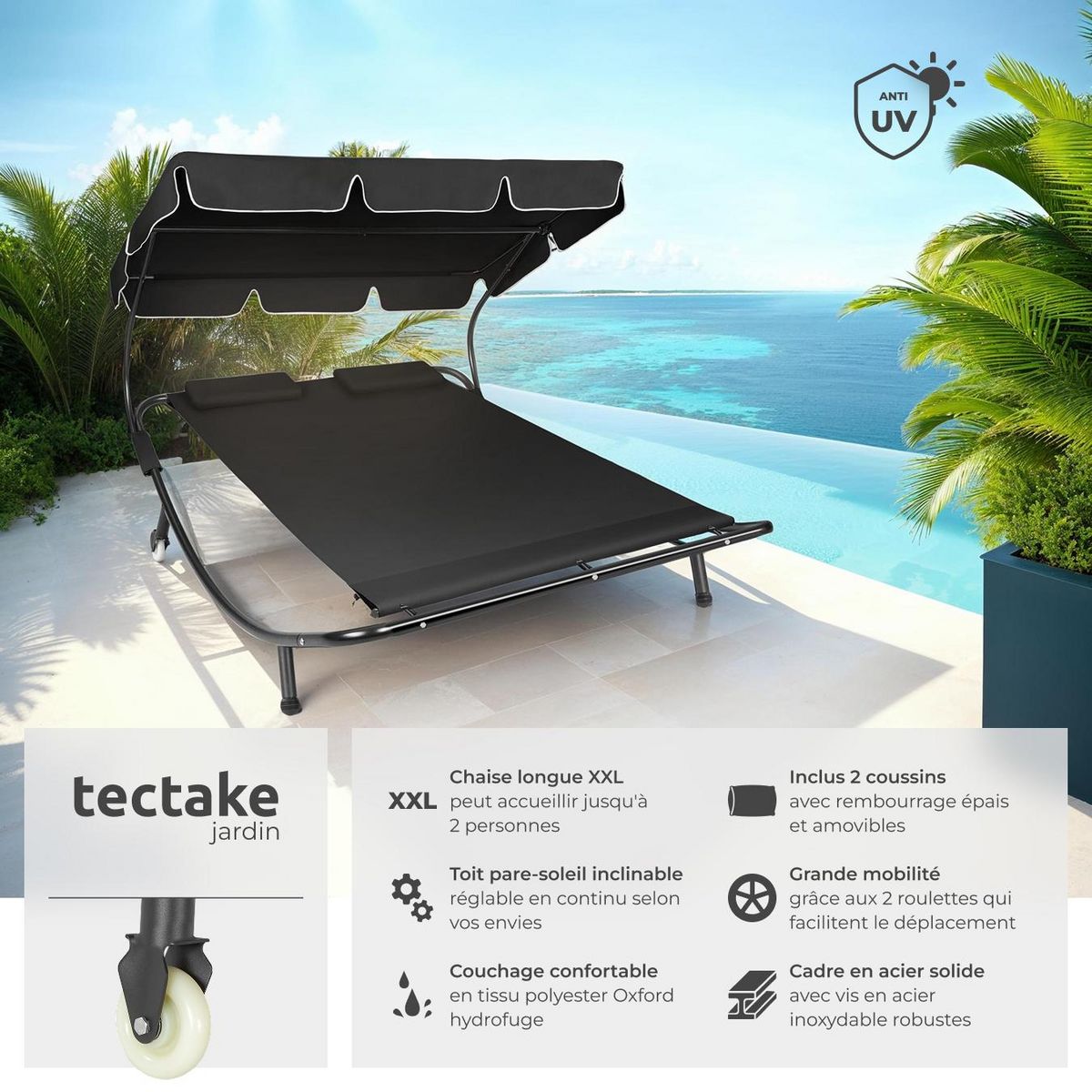 tectake Transat en acier pour 2 personnes noir/noir