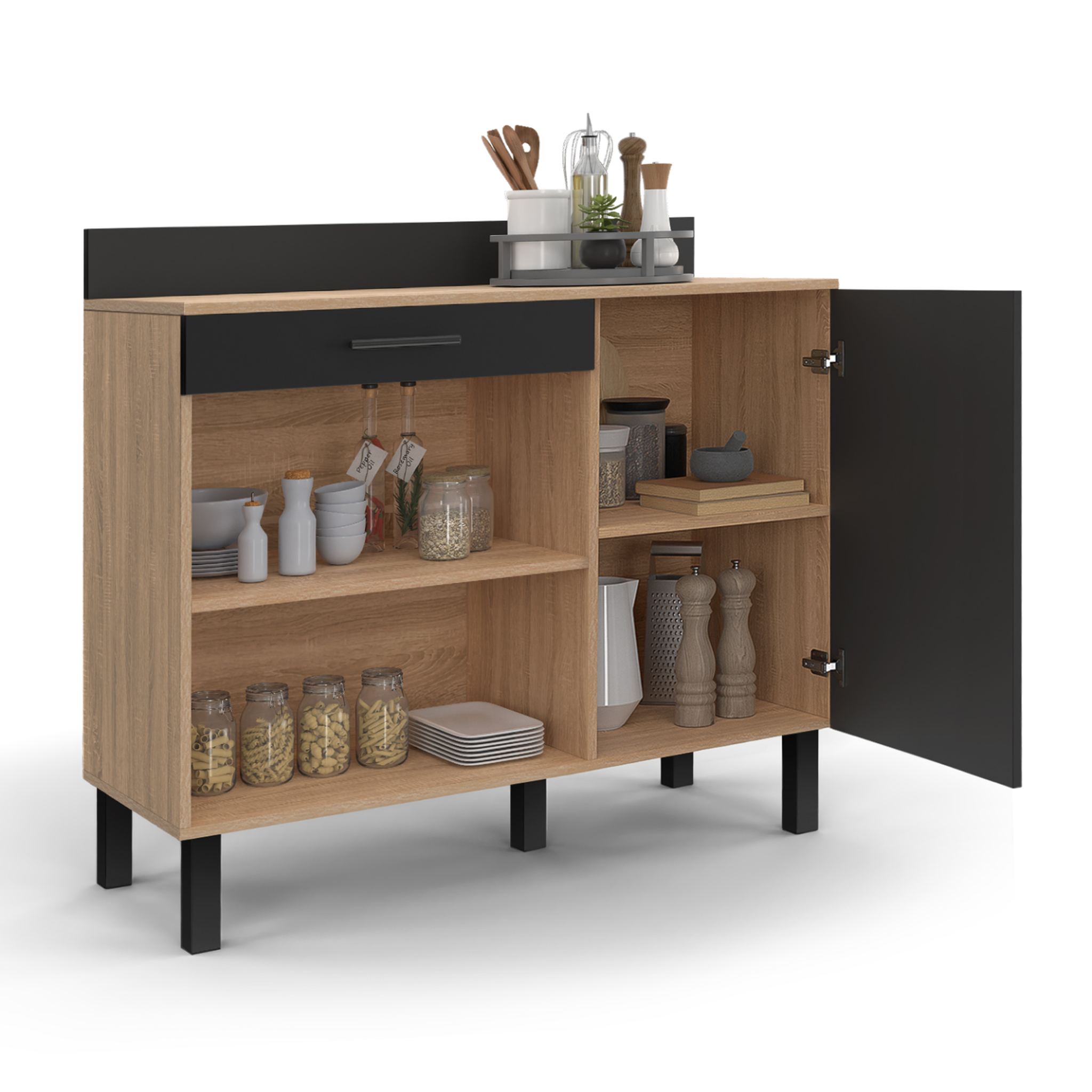 Voir la diapositive 4 : ID MARKET Buffet bas de cuisine 100 cm cina plan de travail h.83 cm 1 porte + 1 tiroir façon hêtre et noir