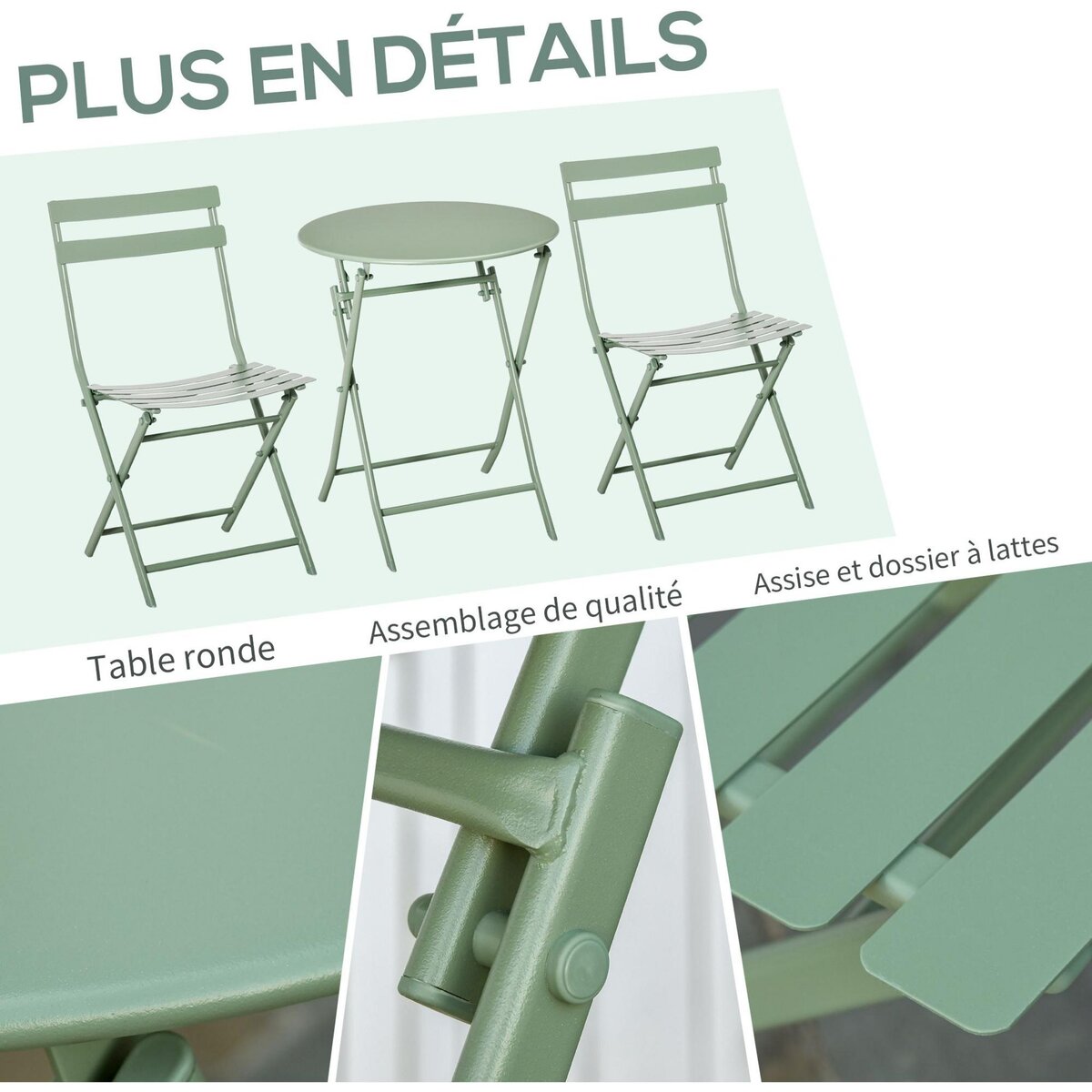 OUTSUNNY Salon de jardin bistro pliable - table ronde Ø 60 cm avec 2 chaises pliantes - métal thermolaqué vert d'eau