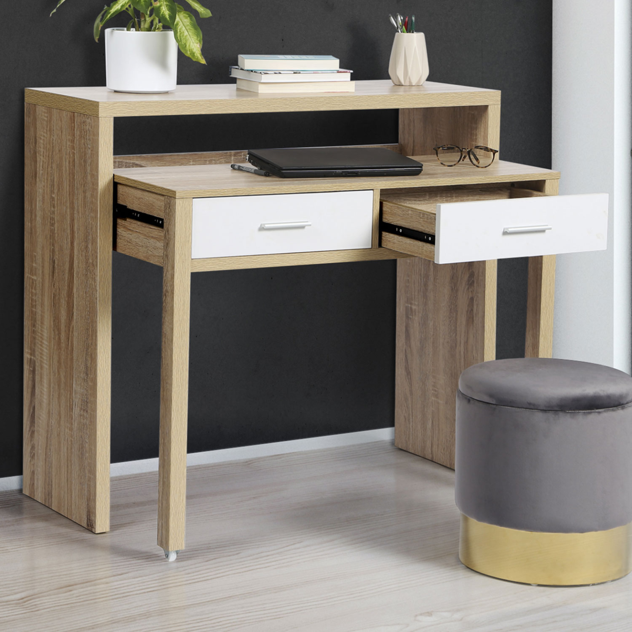 Voir la diapositive 2 : ID MARKET Bureau extensible max façon hêtre et blanc