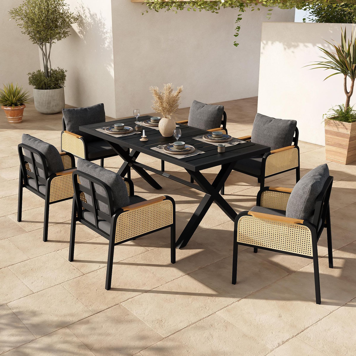 MERAX Salon de jardin 6 places en fer avec 1 table 6 chaises, noir  bois
