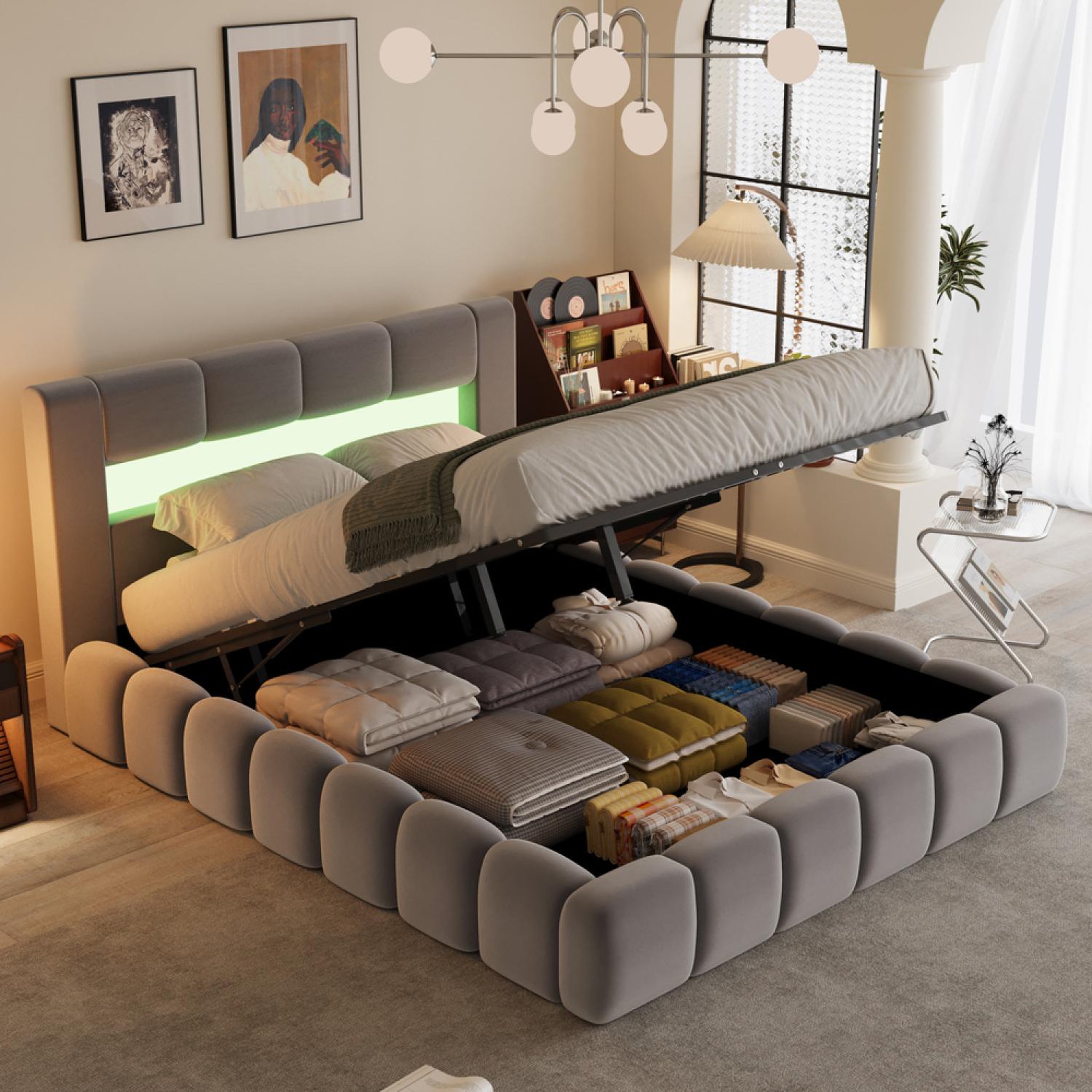 Voir la diapositive 2 : CONCEPT USINE Lit coffre led style nuage 180x200cm en velours gris avec tête de lit et sommier omaha