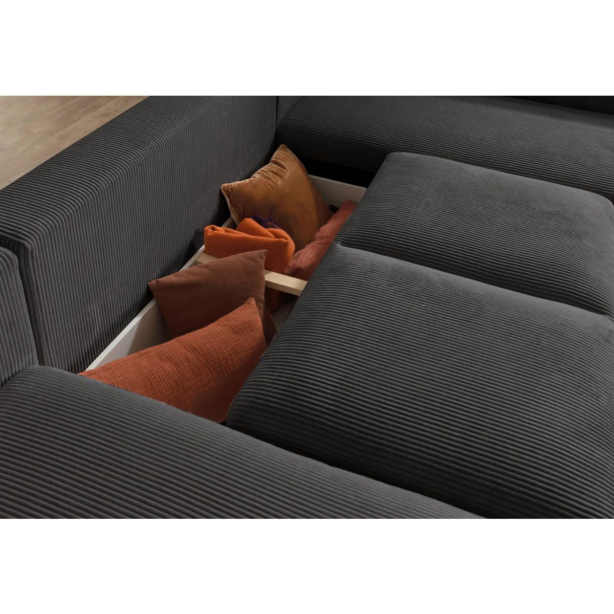 LISA DESIGN Livy - canapé d'angle convertible - avec coffre - en velours côtelé - 5 places - droit