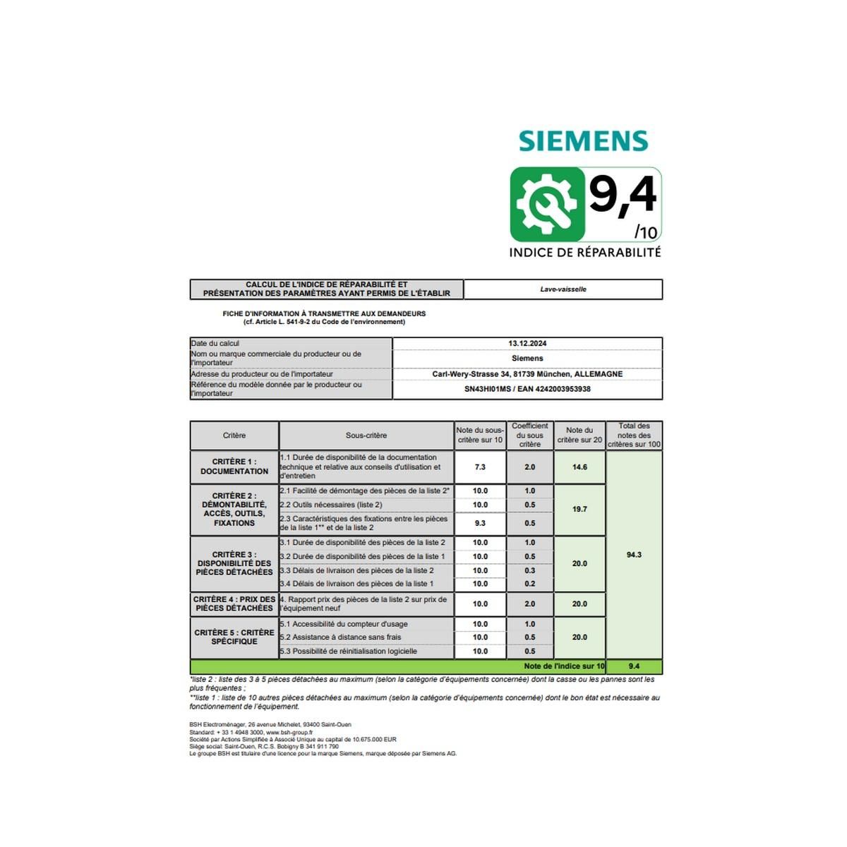 Siemens Lave-vaisselle 60cm 14couverts 42db intégrable sous plan acier brossé - SN43HI01MS
