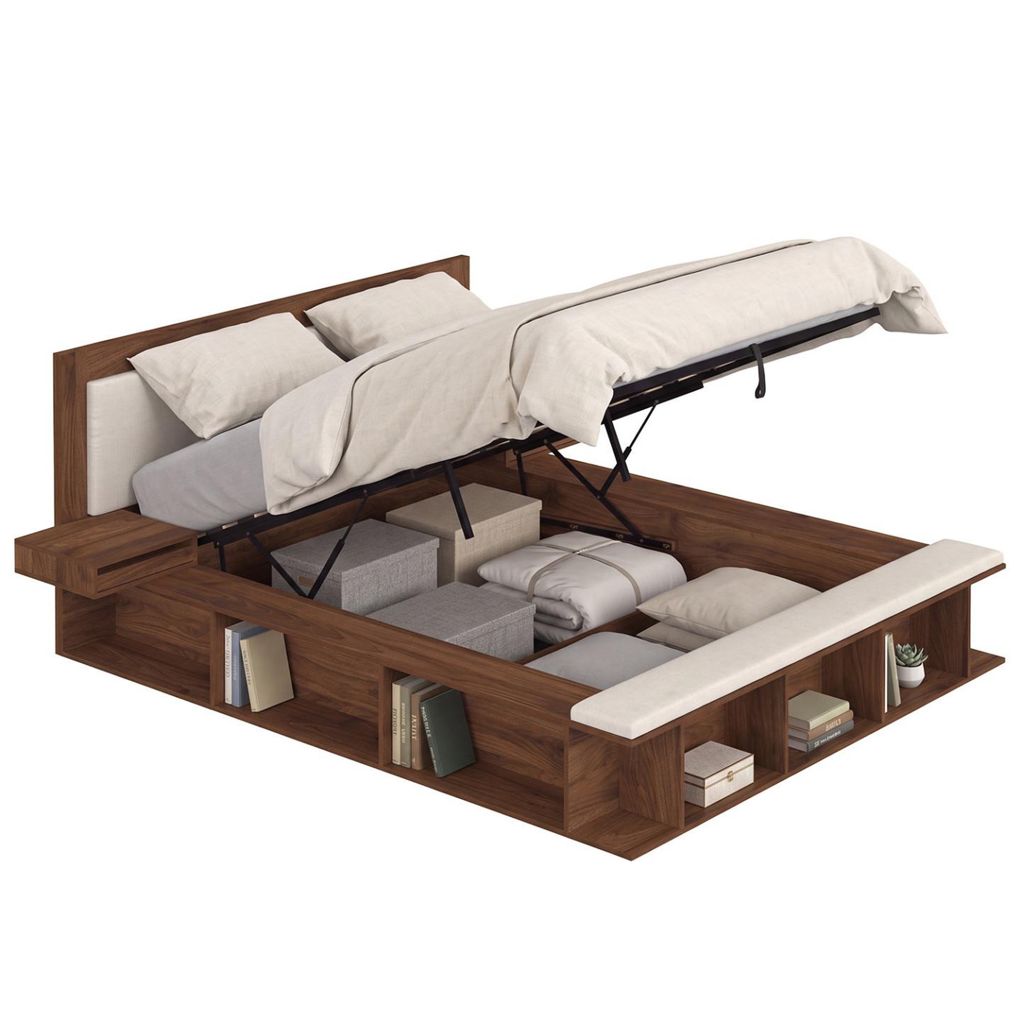 ID MARKET Lit coffre double KIRO tête de lit matelassée, tables de chevet et sommier 140 x 190 cm effet noyer et tissu beige