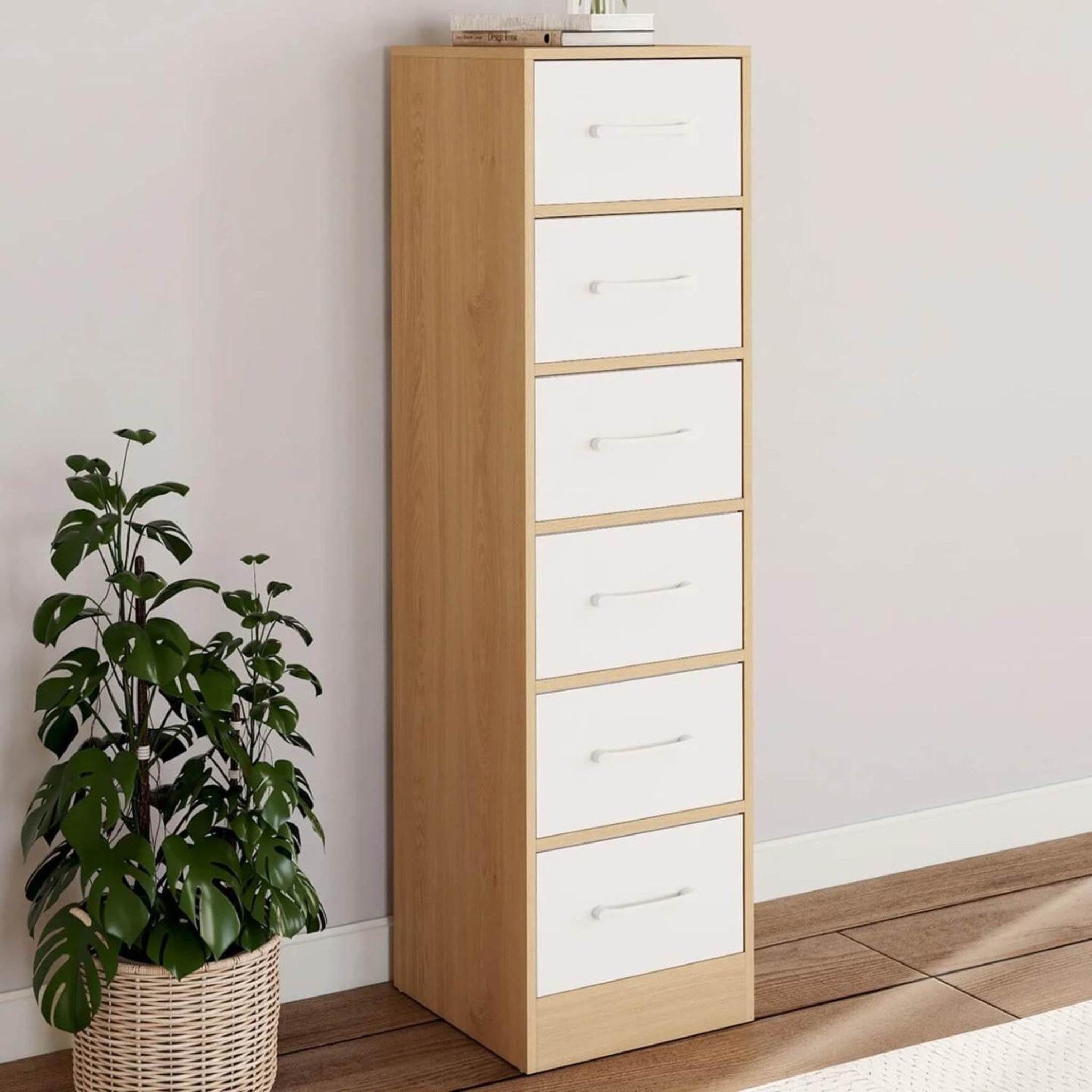 Voir la diapositive 2 : ID MARKET Meuble d'appoint 6 tiroirs uppah 30x30x110 cm chiffonnier pour entrée salle de bain bois façon hêtre et blanc