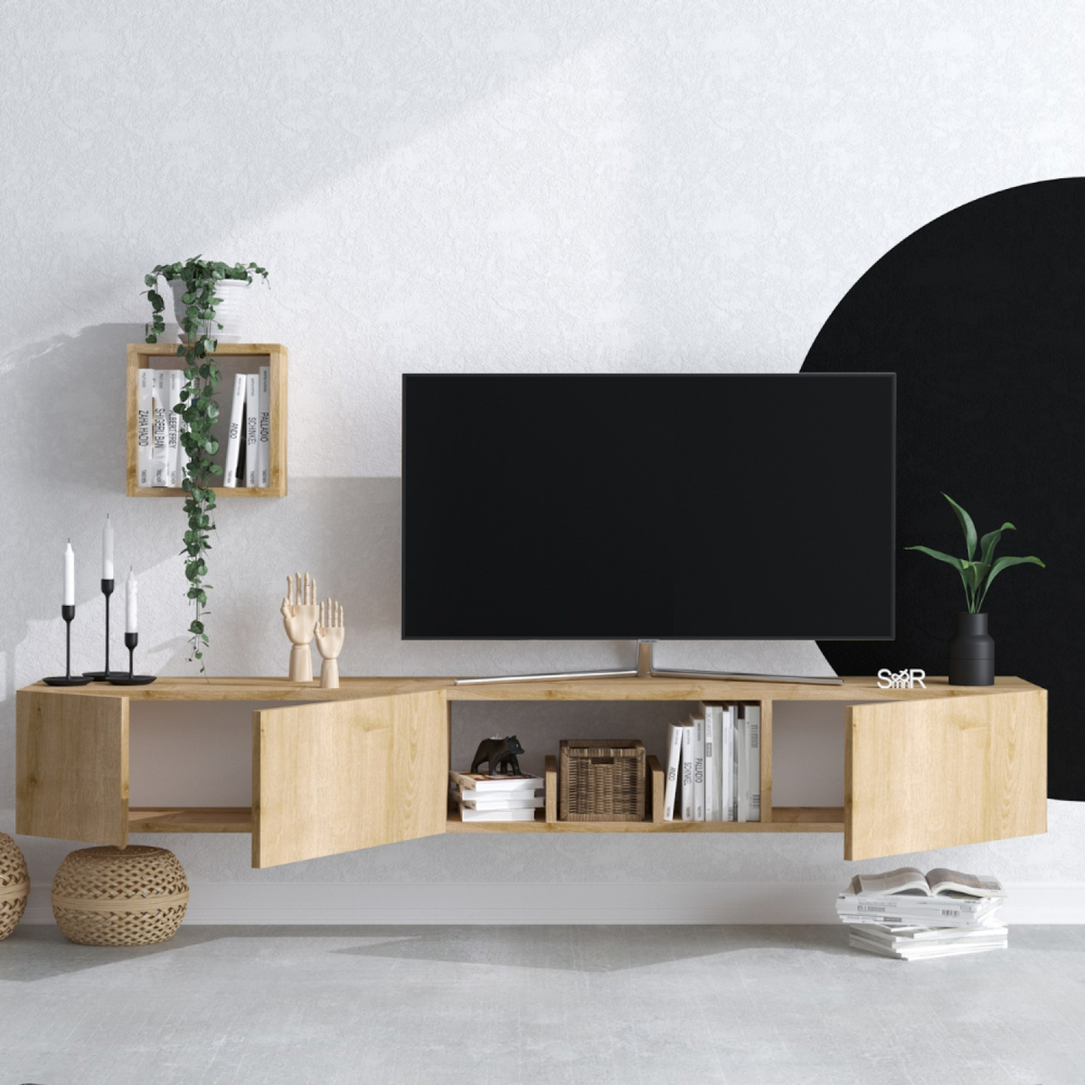 CONCEPT USINE Meuble tv avec rangements imitation bois clair BERGEN