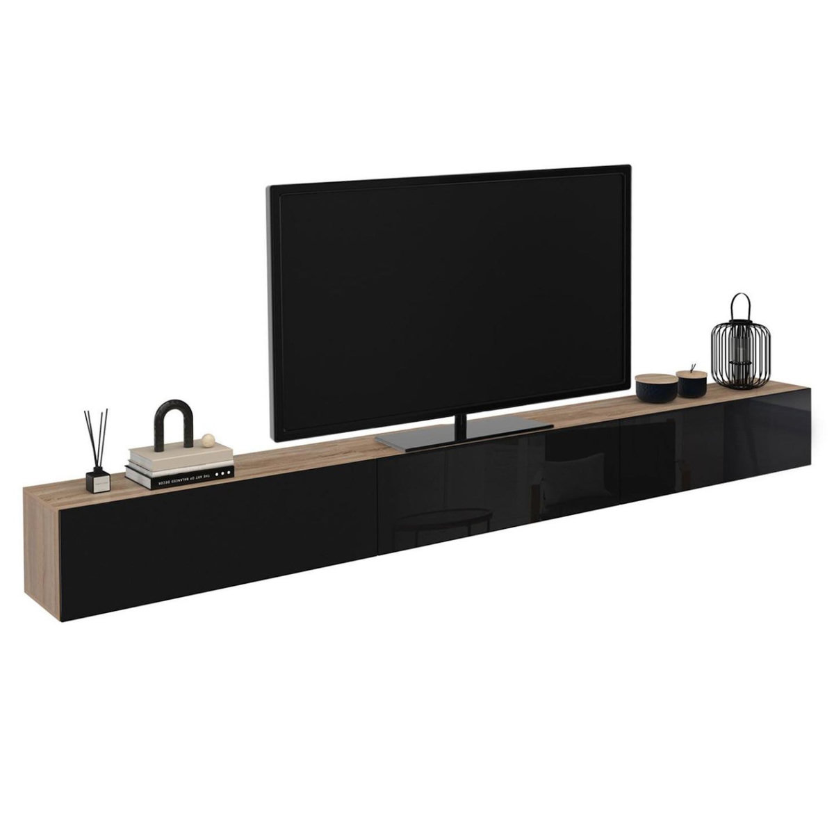 ID MARKET Meuble TV 300 cm suspendu ELIO 3 portes bois et noir