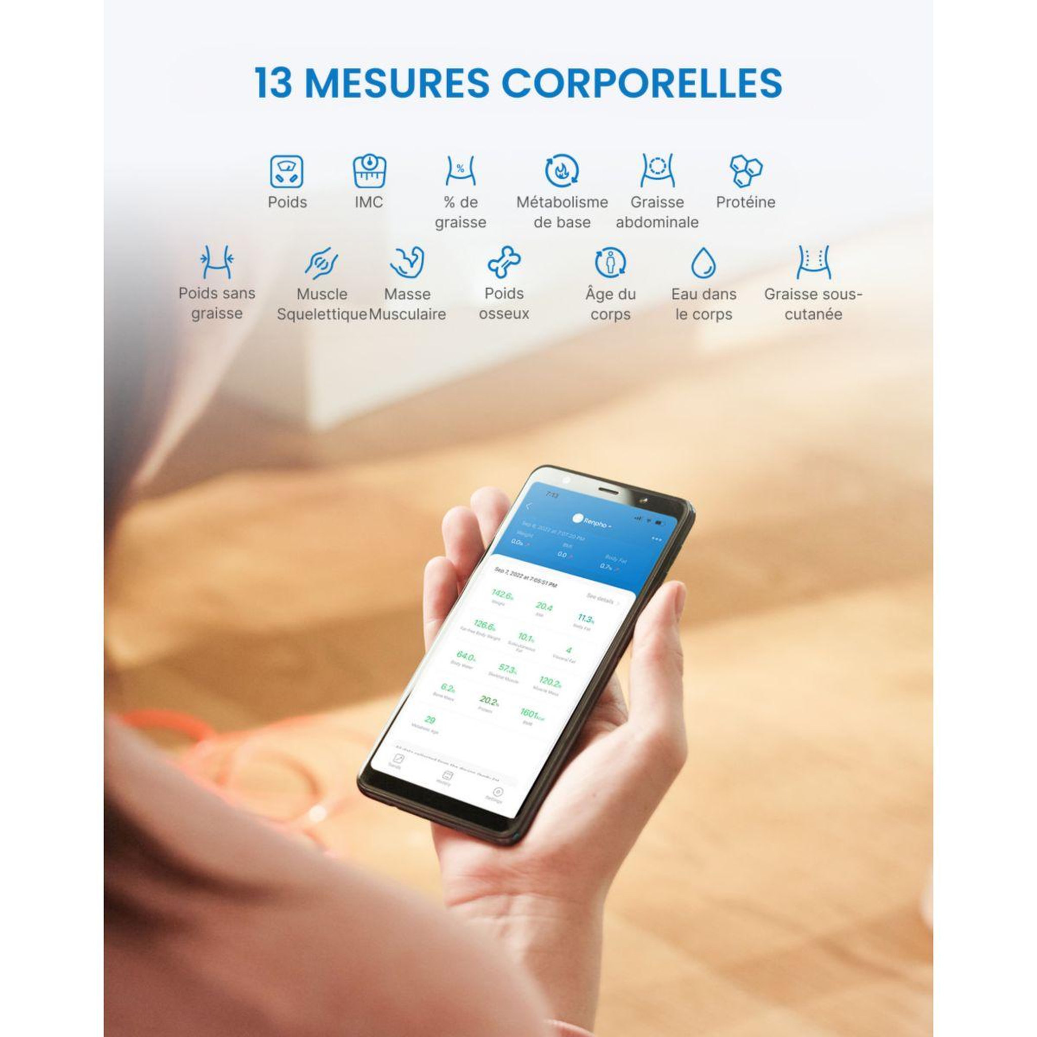 Voir la diapositive 4 : RENPHO Pèse personne connecté Elis Solar 2 A020 connecté, impédancemètre, 13 mesures corporelles - Recharge solaire