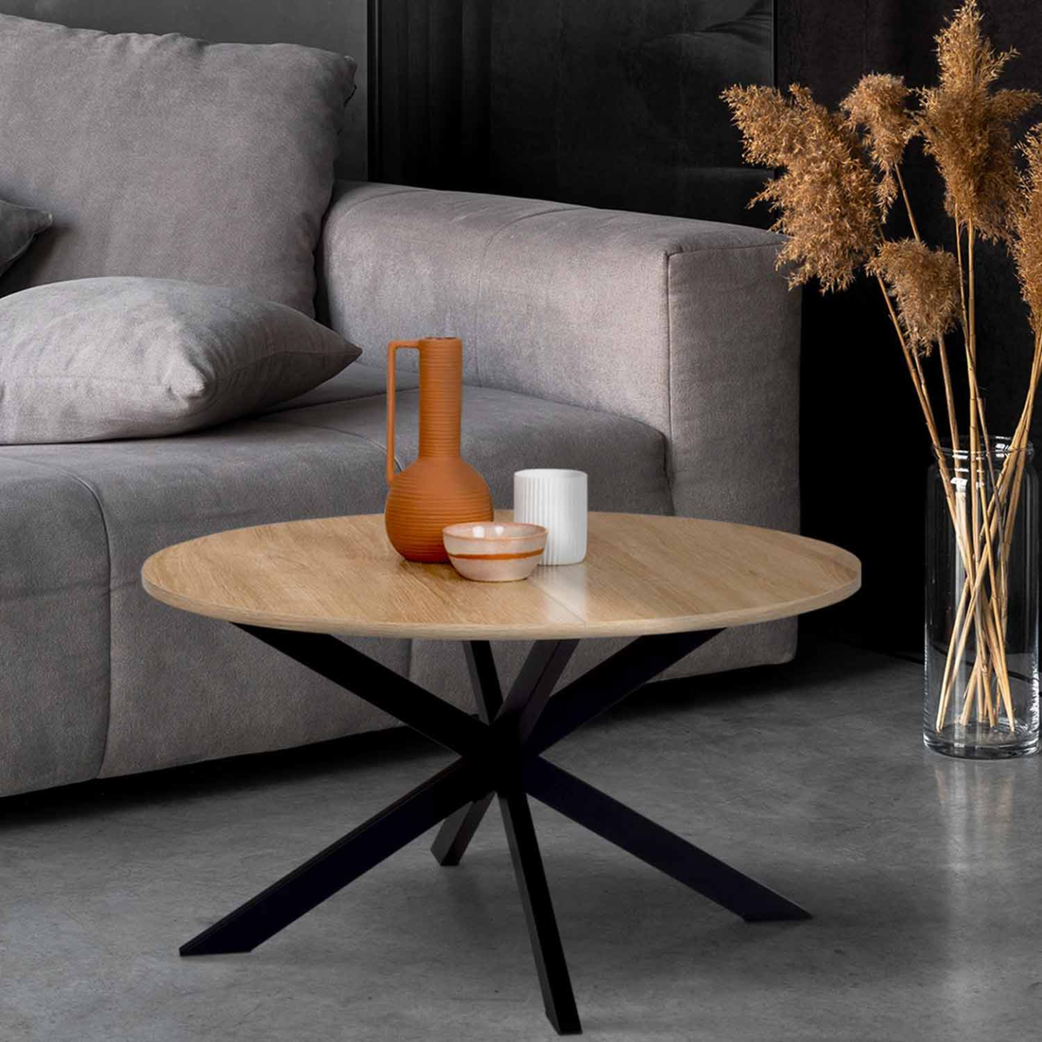 Voir la diapositive 2 : ID MARKET Table basse ronde alix 70 cm pied araignée bois et noir