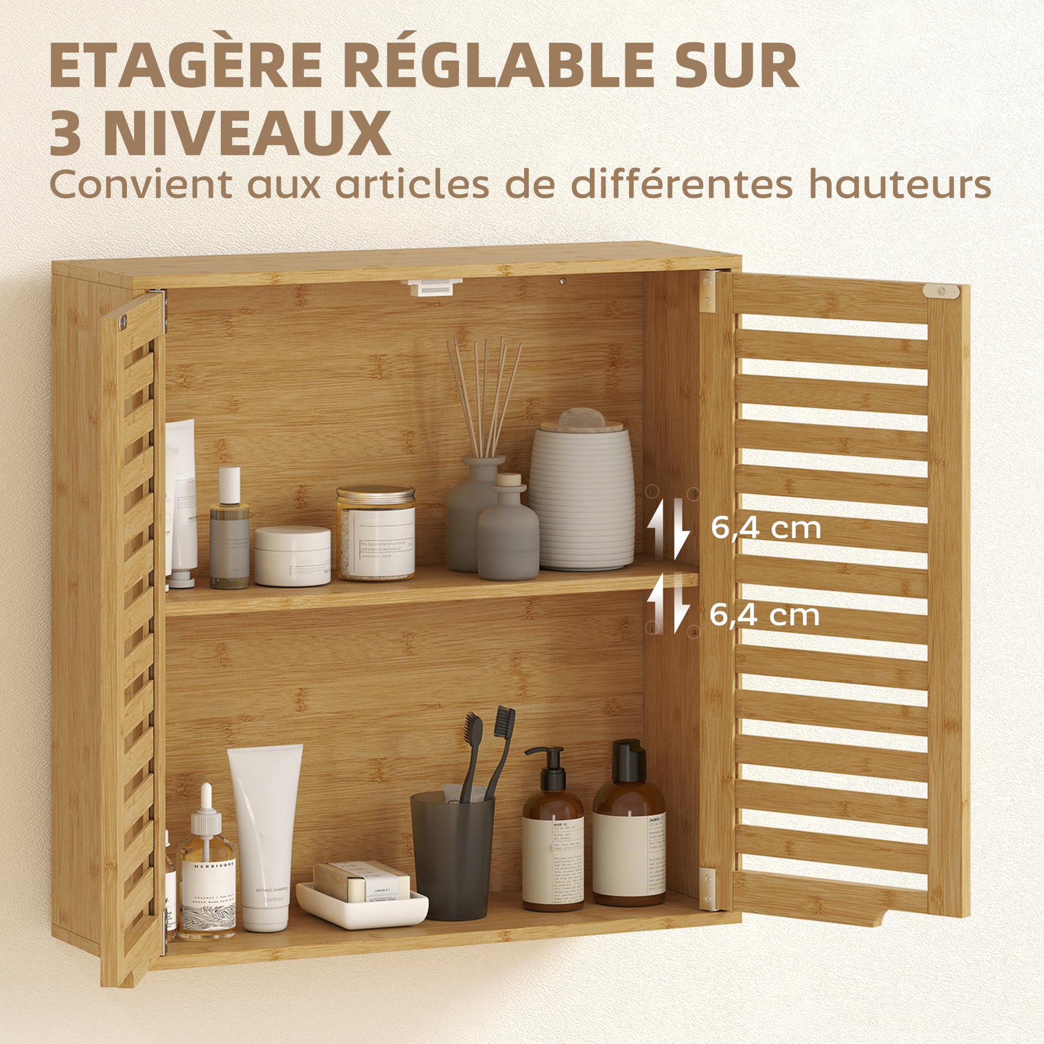 Voir la diapositive 4 : HOMCOM Armoire murale de salle de bain style exotique bambou 60 x 20 x 60 cm 2 portes étagère