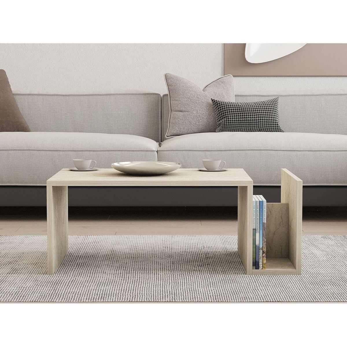 TOILINUX Table basse porte magazine effet travertin - Beige
