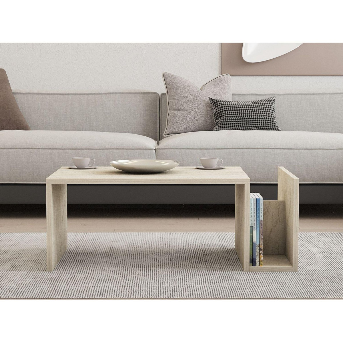 TOILINUX Table basse porte magazine effet travertin - Beige
