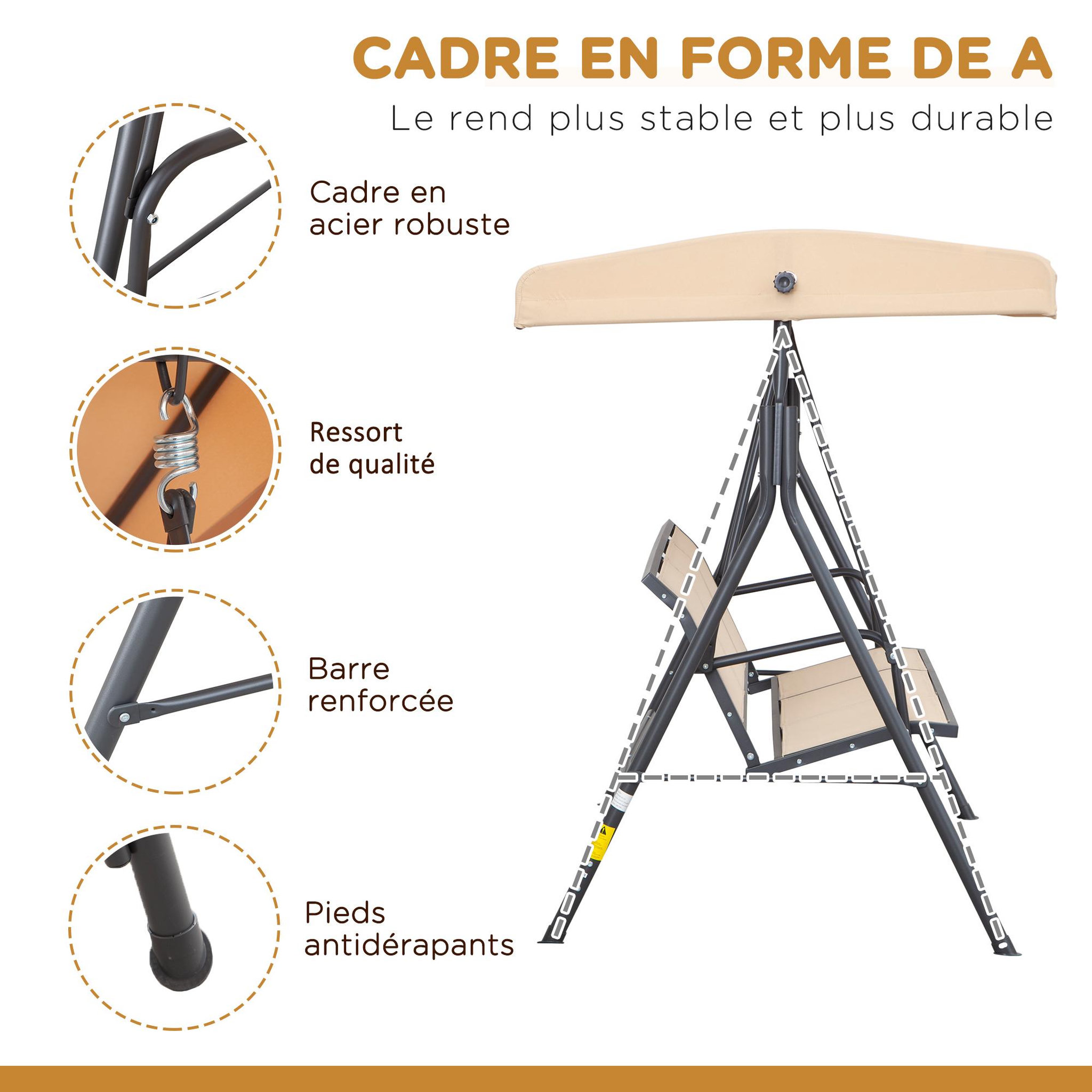 Voir la diapositive 4 : OUTSUNNY Balancelle de jardin 3 places grand confort toit inclinaison réglable assise et dossier ergonomique acier époxy textilène beige