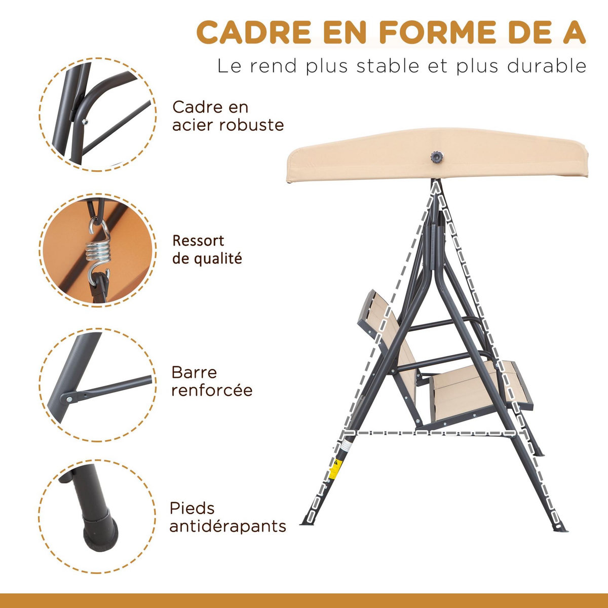 OUTSUNNY Balancelle de jardin 3 places grand confort toit inclinaison réglable assise et dossier ergonomique acier époxy textilène beige