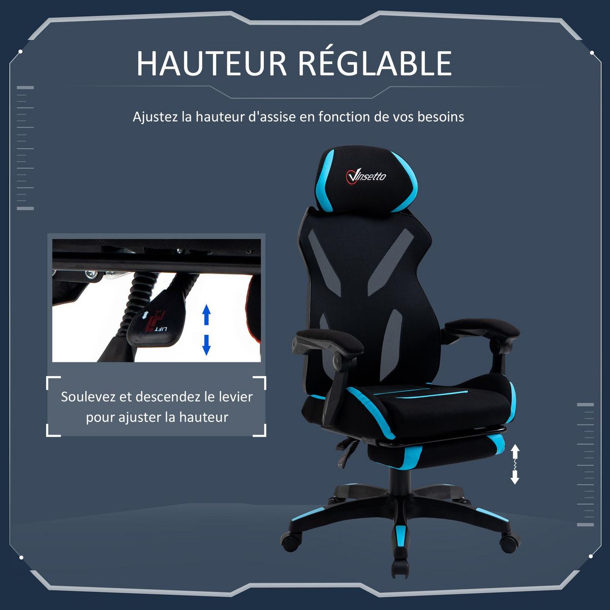 VINSETTO Vinsetto Fauteuil gaming chaise gamer réglable pivotant dossier inclinable repose-pied polyester bleu noir