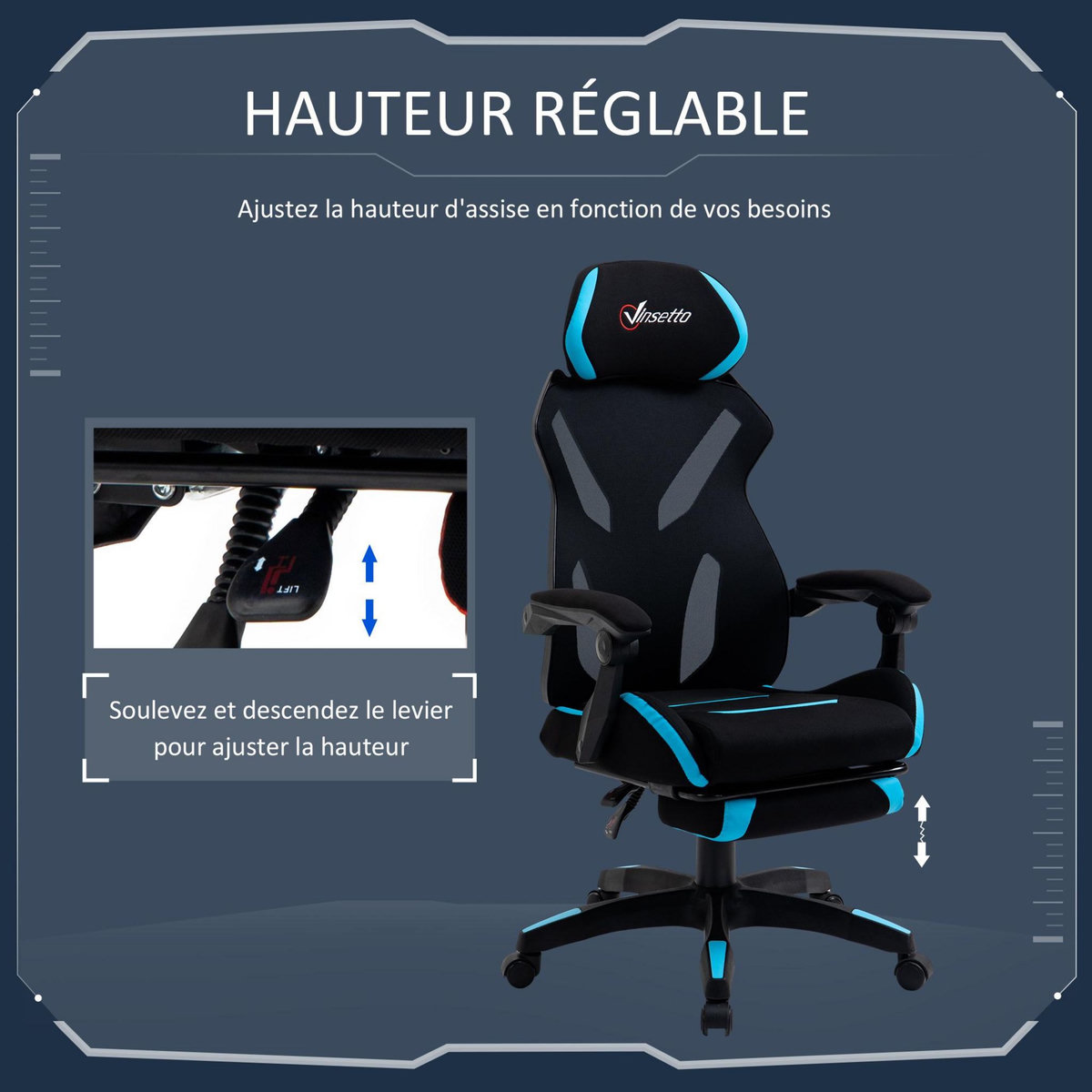 VINSETTO Vinsetto Fauteuil gaming chaise gamer réglable pivotant dossier inclinable repose-pied polyester bleu noir