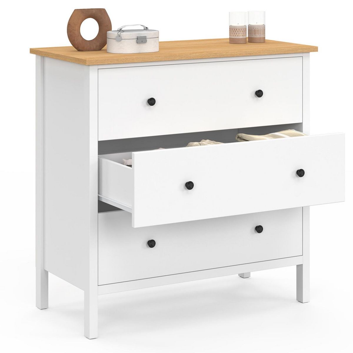 ID MARKET Commode 3 tiroirs ACHILLE 80 cm bois blanc plateau bois