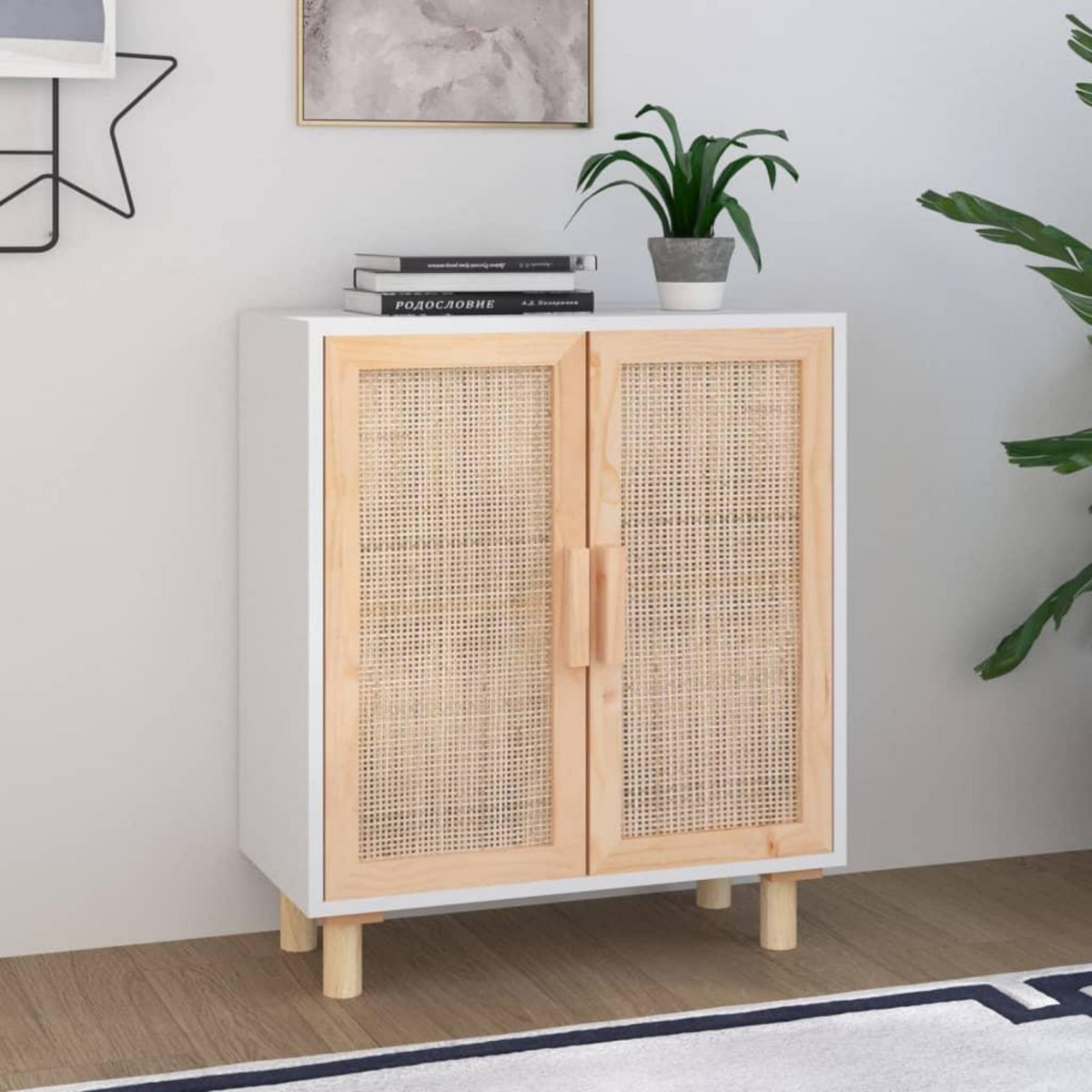 VIDAXL Buffet Blanc 60x30x70 cm Bois de pin massif et rotin naturel