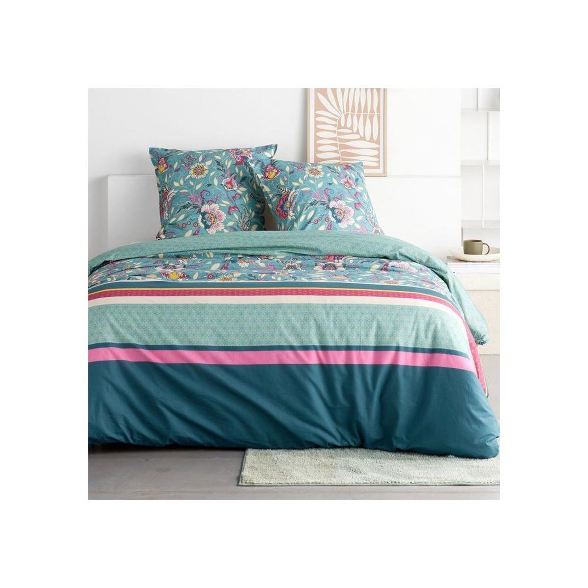 Today Parure de lit en coton imprimé floral today sunshine 260 x 240 cm et 2 taies 63 x 63 cm pour lit 2 personnes