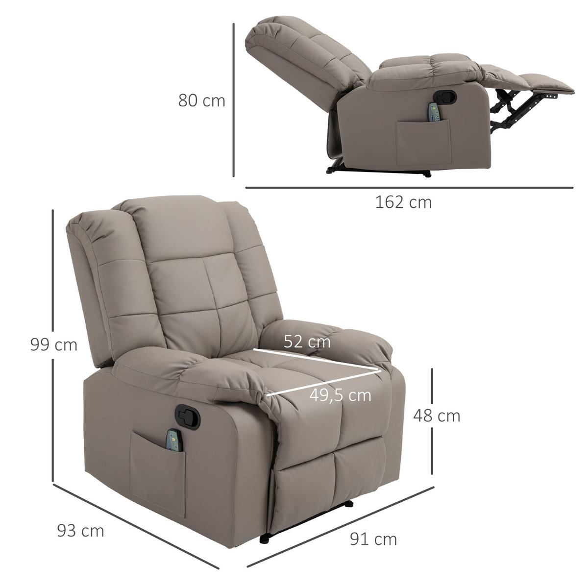 HOMCOM Fauteuil luxe de relaxation et massage inclinaison dossier repose-pied réglable revêtement synthétique gris
