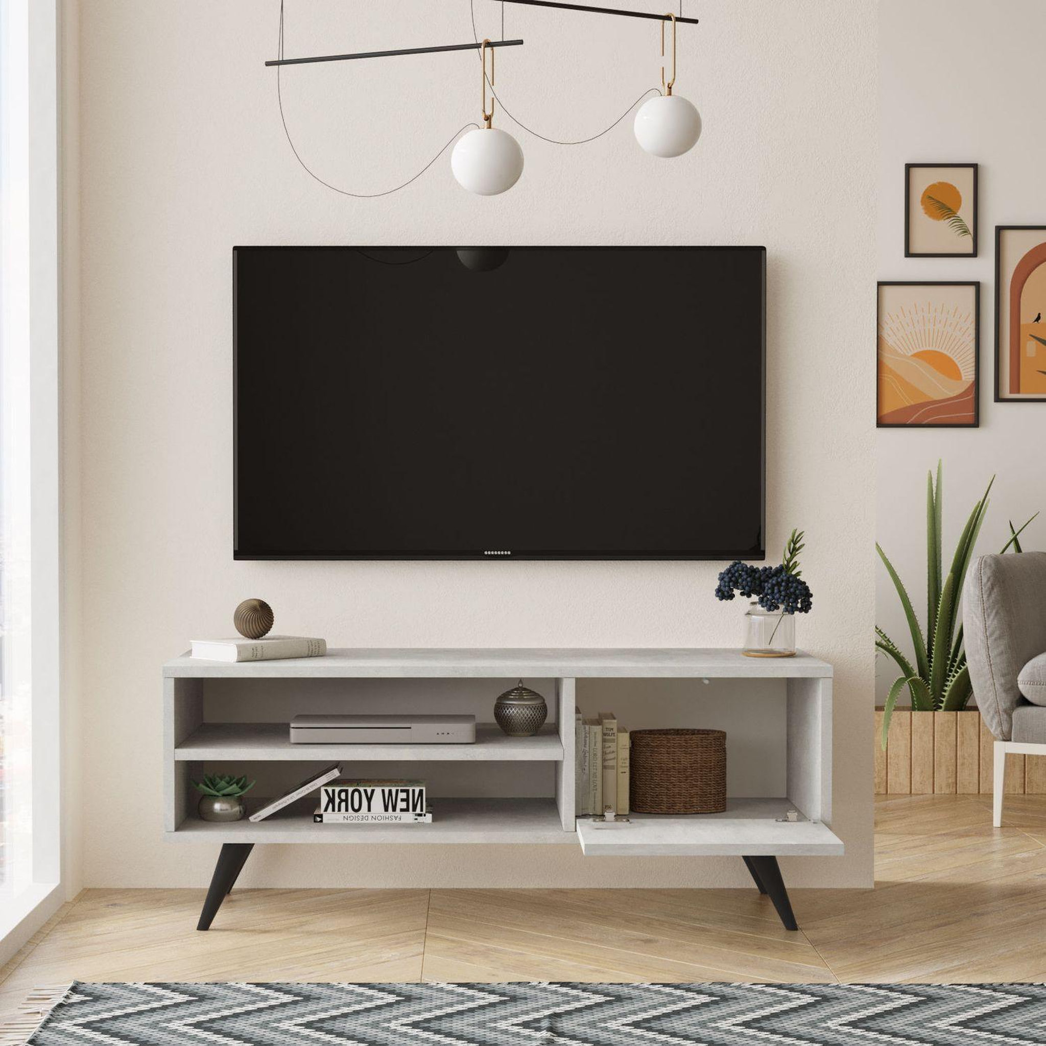 Voir la diapositive 3 : TOILINUX Meuble tv avec 2 niches de rangement ouvertes et une porte abattante en panneaux de particule