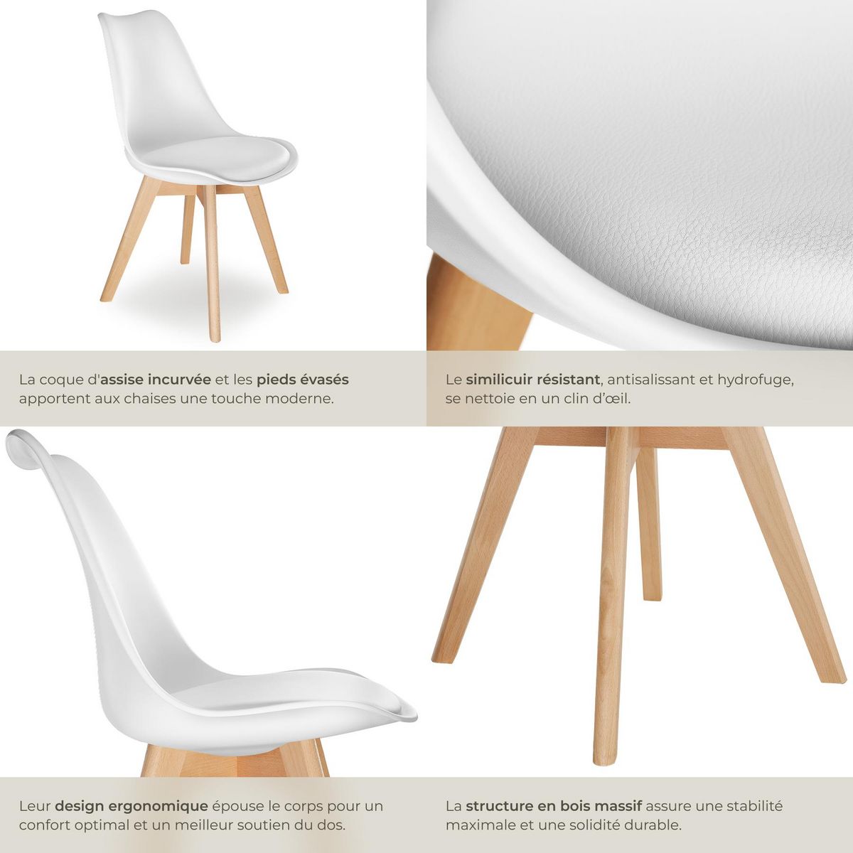 tectake Ensemble de chaises de salle à manger avec siège rembourré blanc Lot de 8