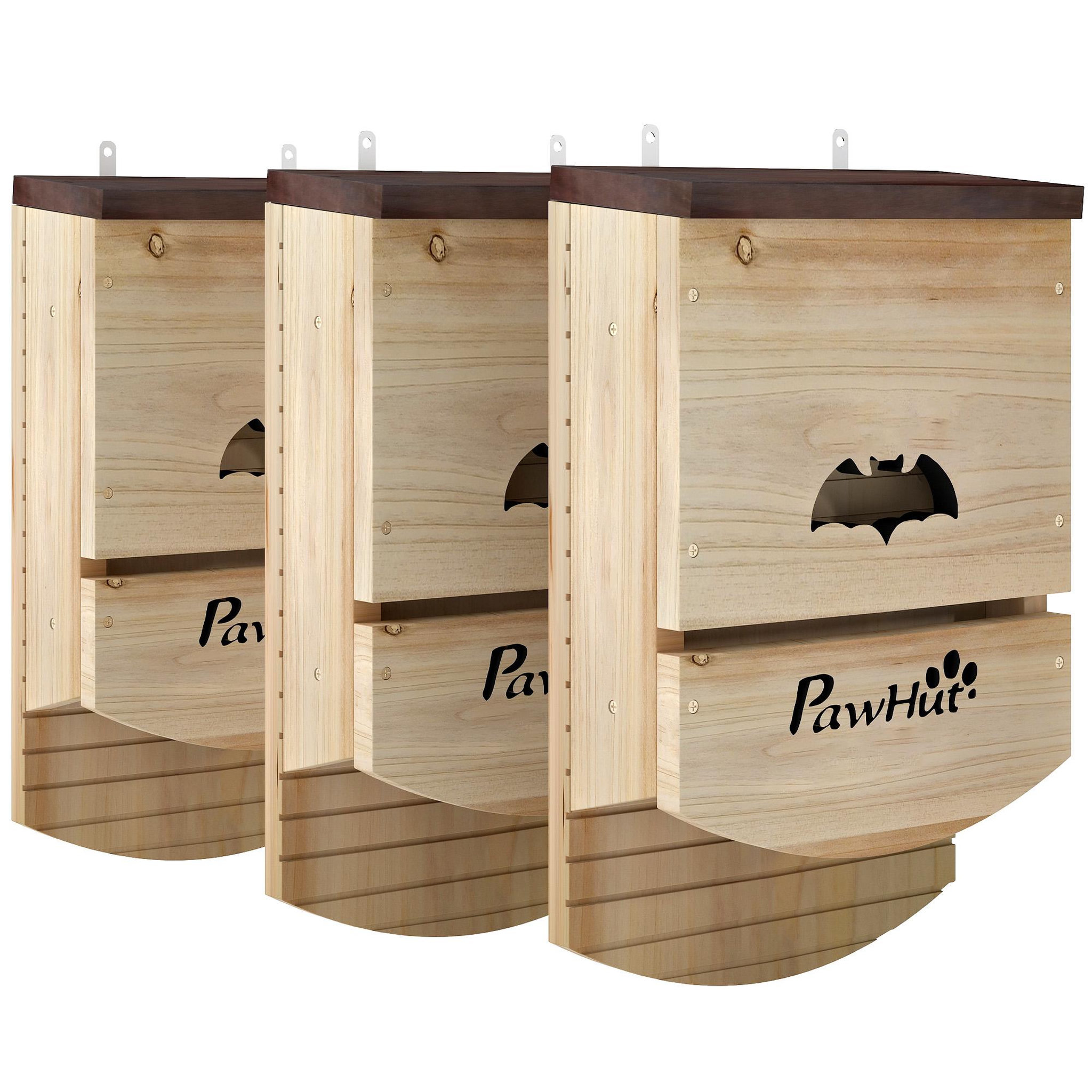 PAWHUT Lot de 3 nichoirs chauve-souris plateforme et 2 chambres bois marron