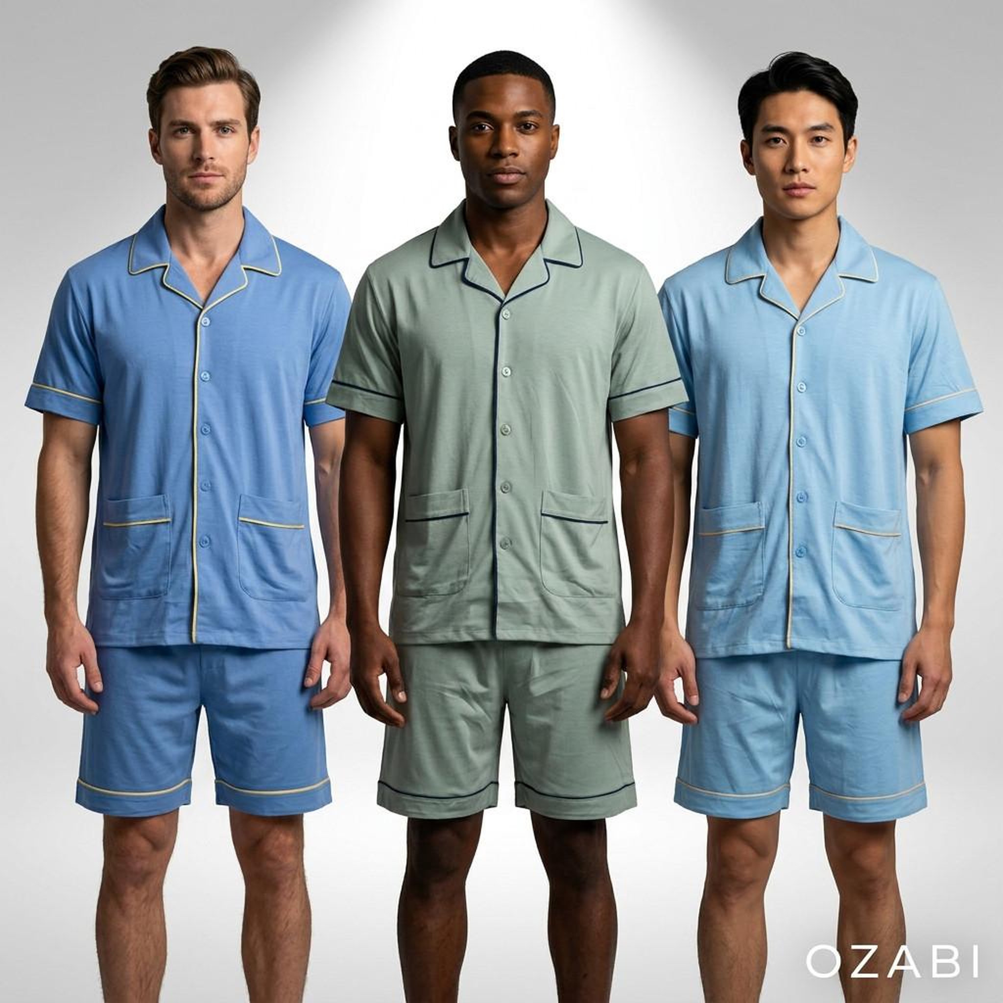 Voir la diapositive 2 : OZABI OZABI Pack 3 Pyjamas Courts Homme Coton Majoritaire, Col Chemise Boutonne