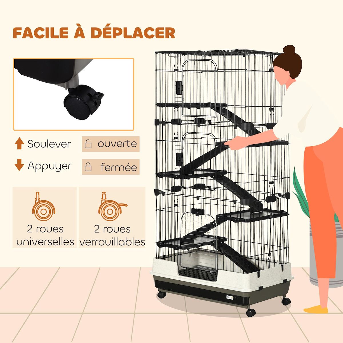 PAWHUT Cage pour cochons d'Inde chinchilla rongeur sur roulettes - 5 étages, 3 portes, plateau déjection - noir gris