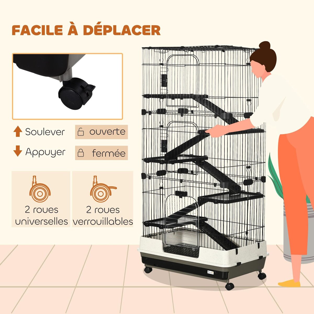 PAWHUT Cage pour cochons d'Inde chinchilla rongeur sur roulettes - 5 étages, 3 portes, plateau déjection - noir gris