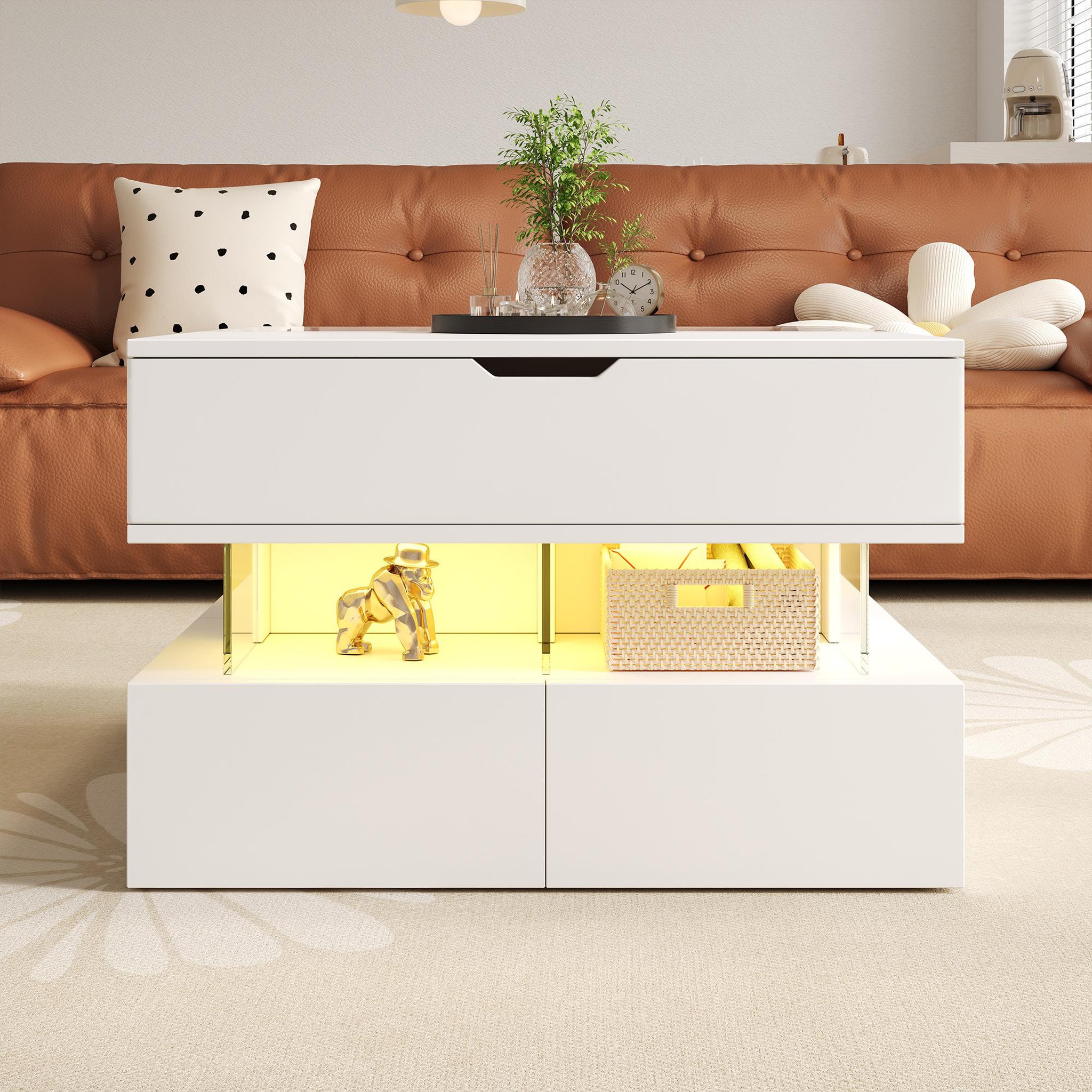 Voir la diapositive 4 : MERAX Table basse relevable rectangulaire blanc - 67x70 cm led panneau de particules